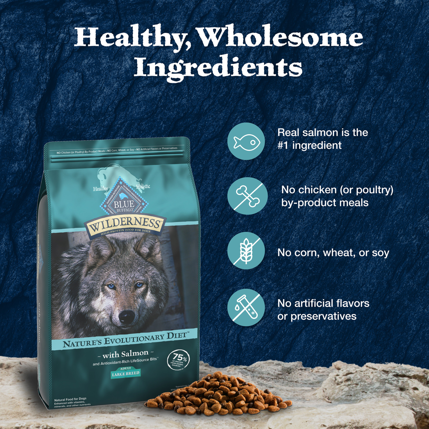 Blue Buffalo Wilderness High Protein Large Breed Adult Dry Dog Food With Wholesome Grains, Salmon, 24Lb