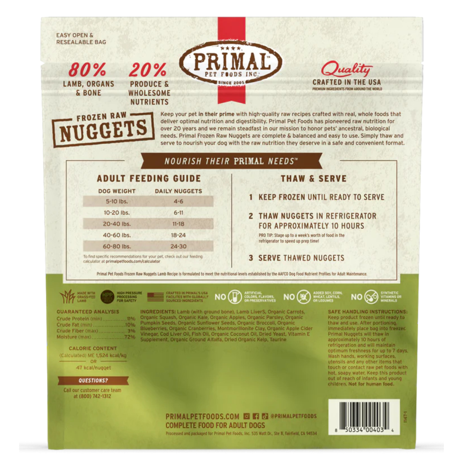 Primal Raw Nuggets Frozen Dog Food, Lamb Recipe