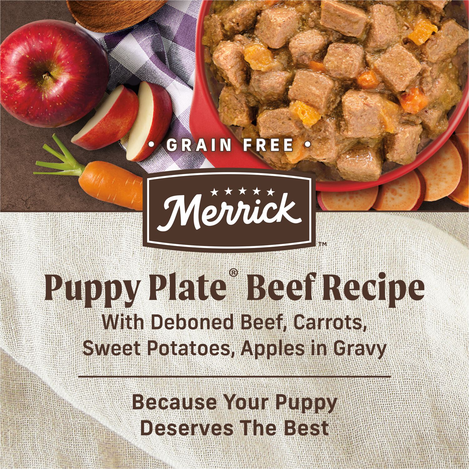 Merrick Grain-Free Premium Soft And Gluten Free Canned Wet Puppy Dog Food, Puppy Plate Beef Recipe - 12.7-Oz Can