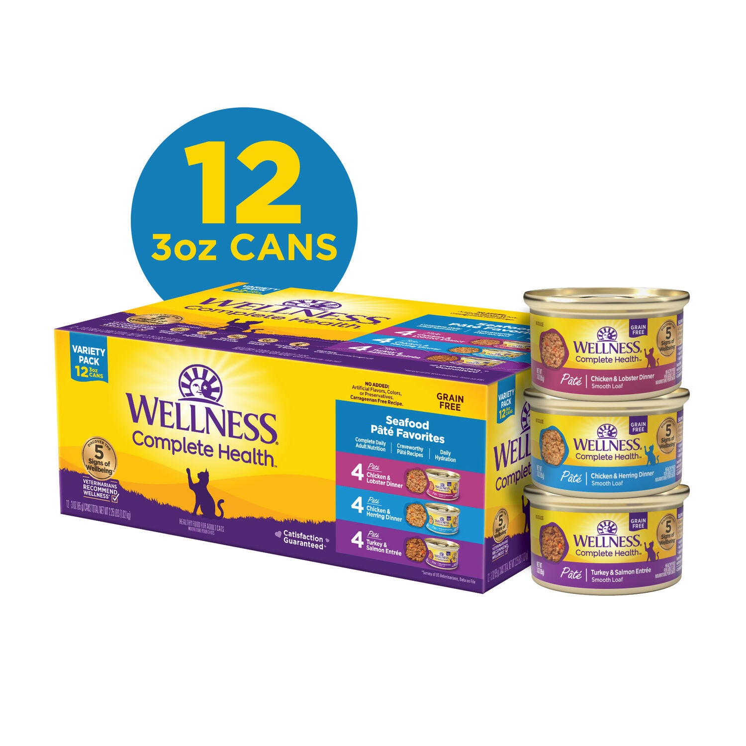Wellness Complete Health Pate Adult Wet Cat Food, Natural, Protein-Rich, Grain-Free, 3-Ounce , 12-Pack, Seafood Variety Pack