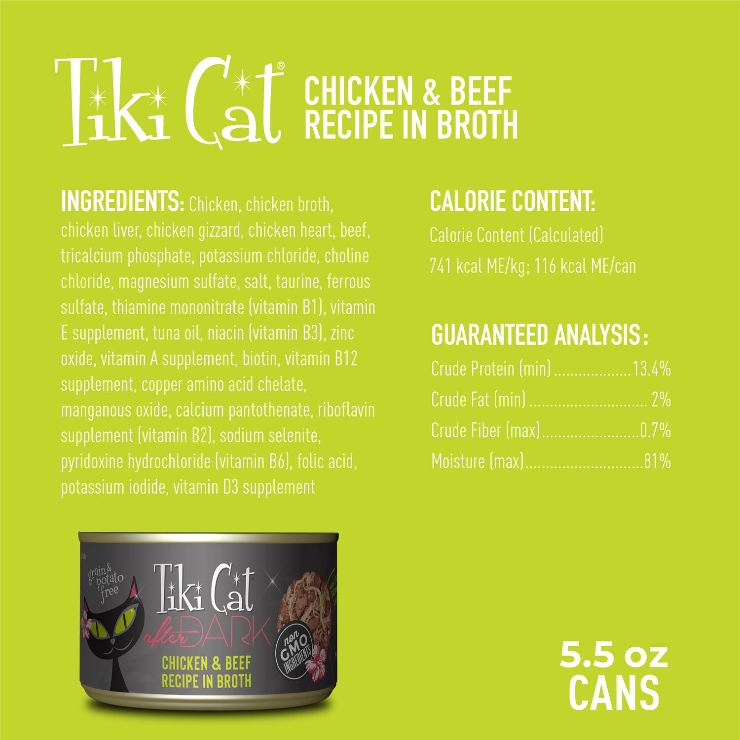 Tiki Cat After Dark Whole Foods Wet Cat Food, Chicken & Beef, 5.5-Oz Can