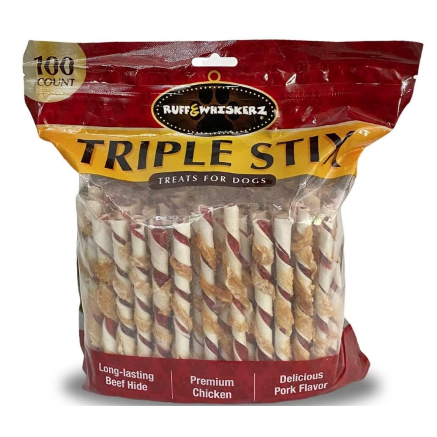 Ruff & Whiskerz Triple Stix Rawhide Chews With Chicken & Pork Dog Chew Treats, 100 Count