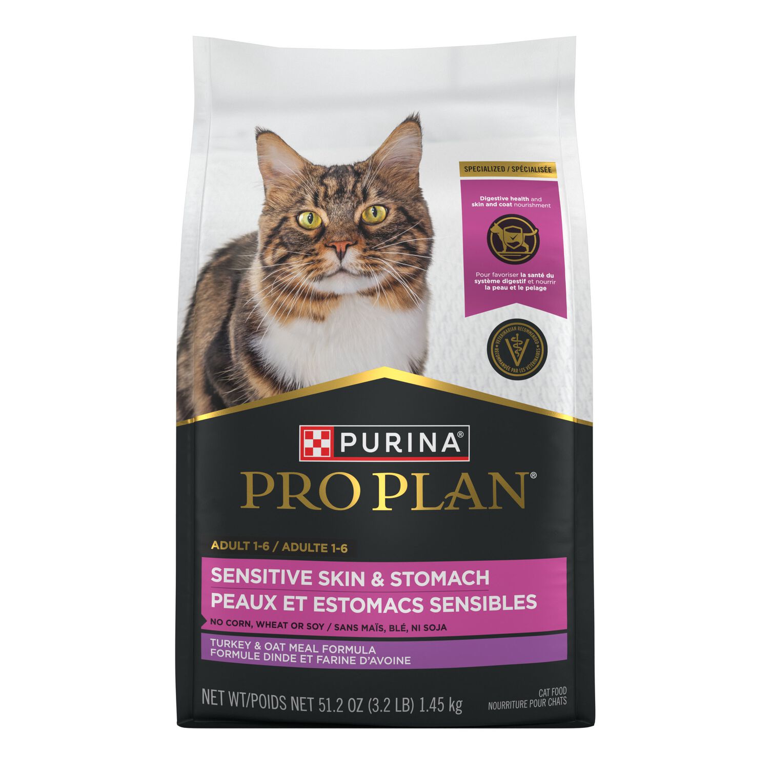 Purina Pro Plan Sensitive Skin And Stomach Dry Cat Food, Turkey And Oat Meal Formula, 12.5-Lb Bag