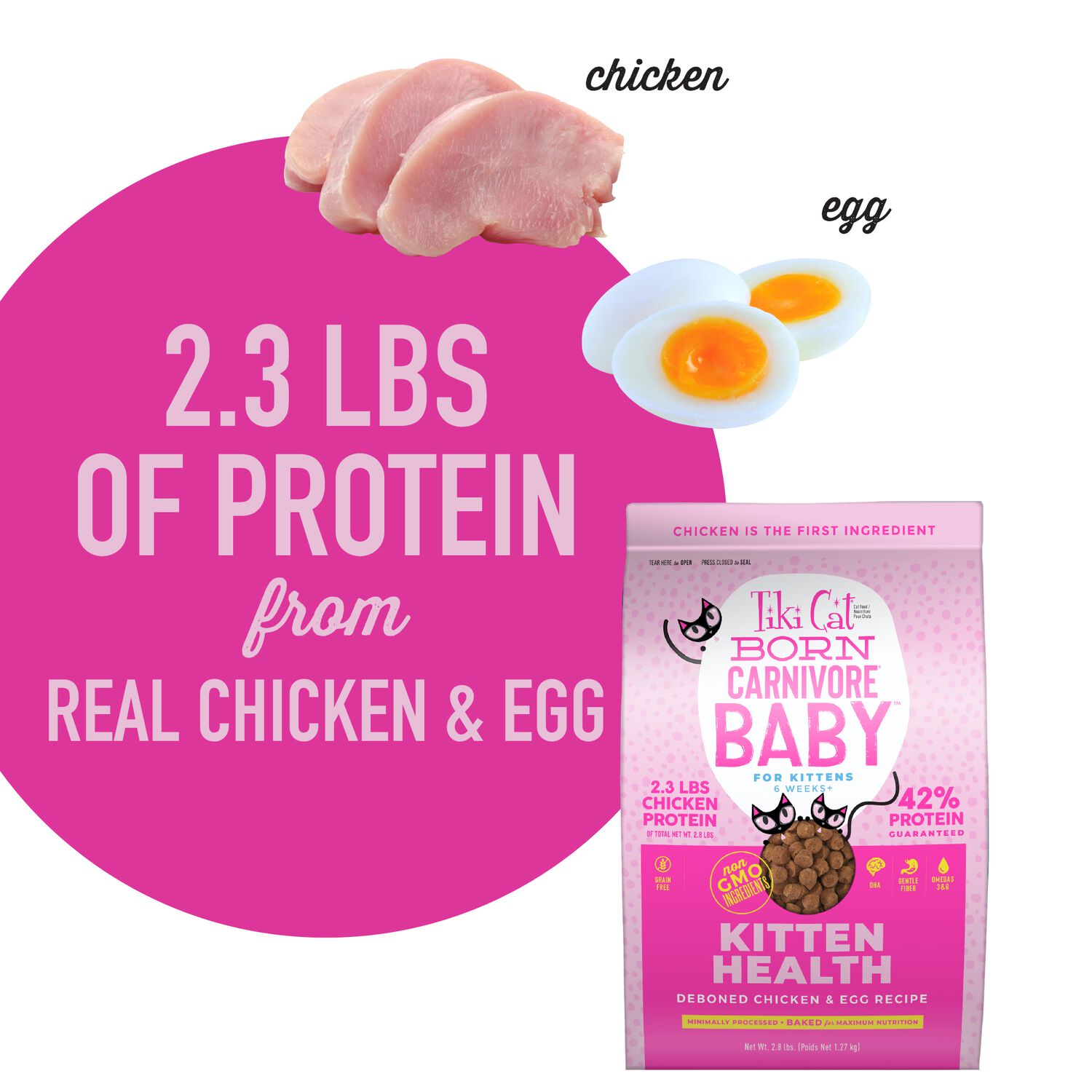 Tiki Cat Born Carnivore Baby Kitten Health Dry Cat Food, Deboned Chicken & Egg, 2.8-Lbs Bag
