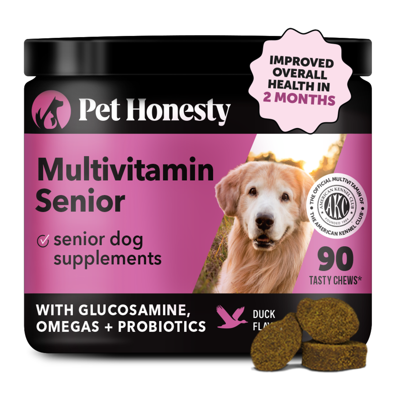 Pet Honesty Multivitamin 10-In-1 Multivitamin Chews For Senior Dogs, Duck Flavor, 90-Ct