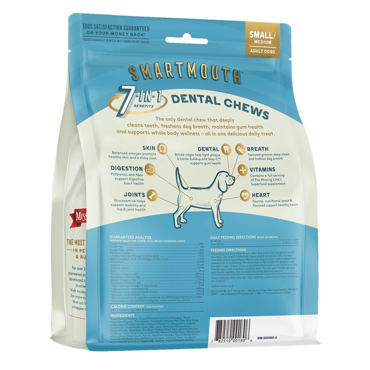 The Missing Link Smartmouth 7-In-1 Dental Chew Dog Treats For Small/Medium Dogs