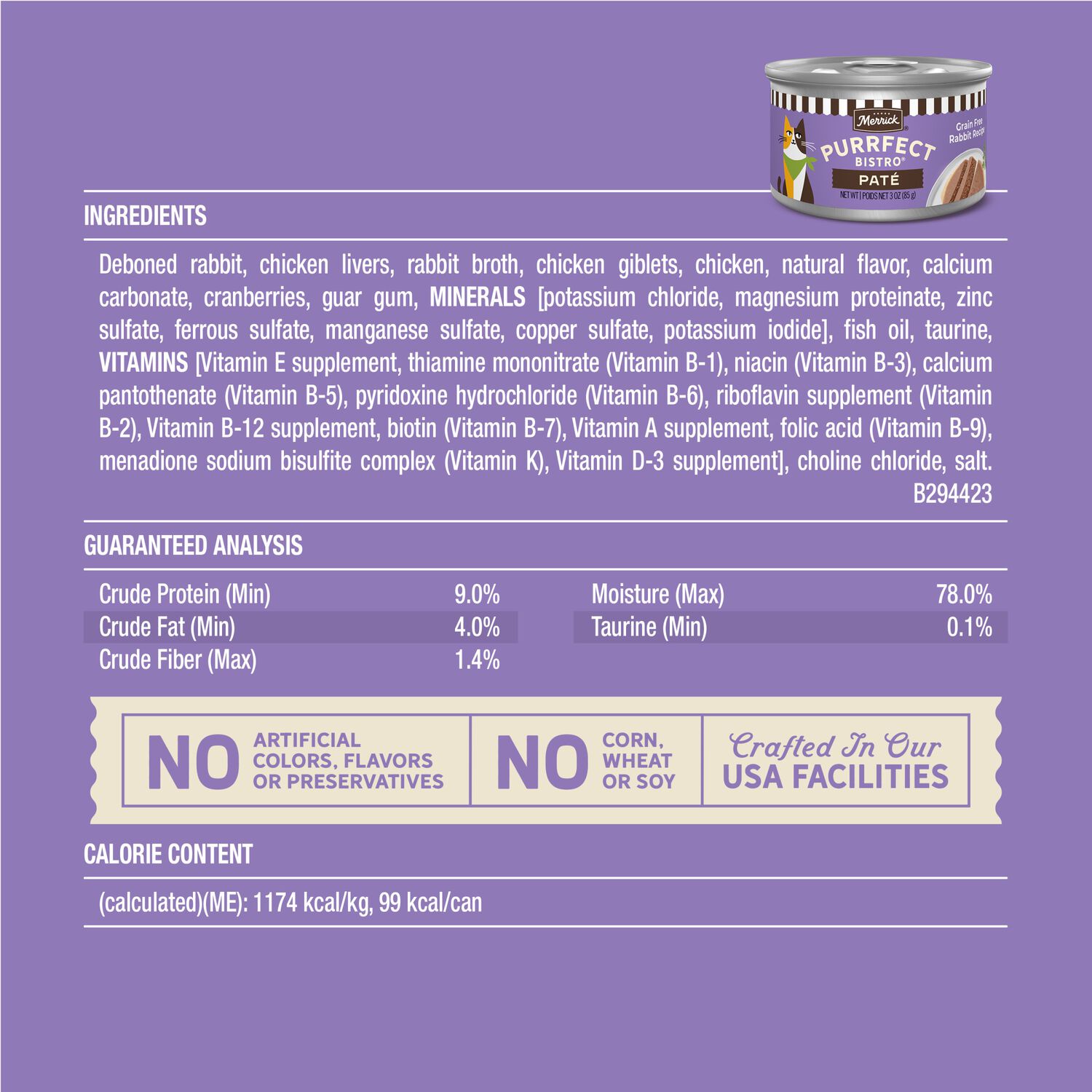 Merrick Purrfect Bistro Grain-Free Wet Cat Food, Rabbit Pate Recipe, 3-Oz Can