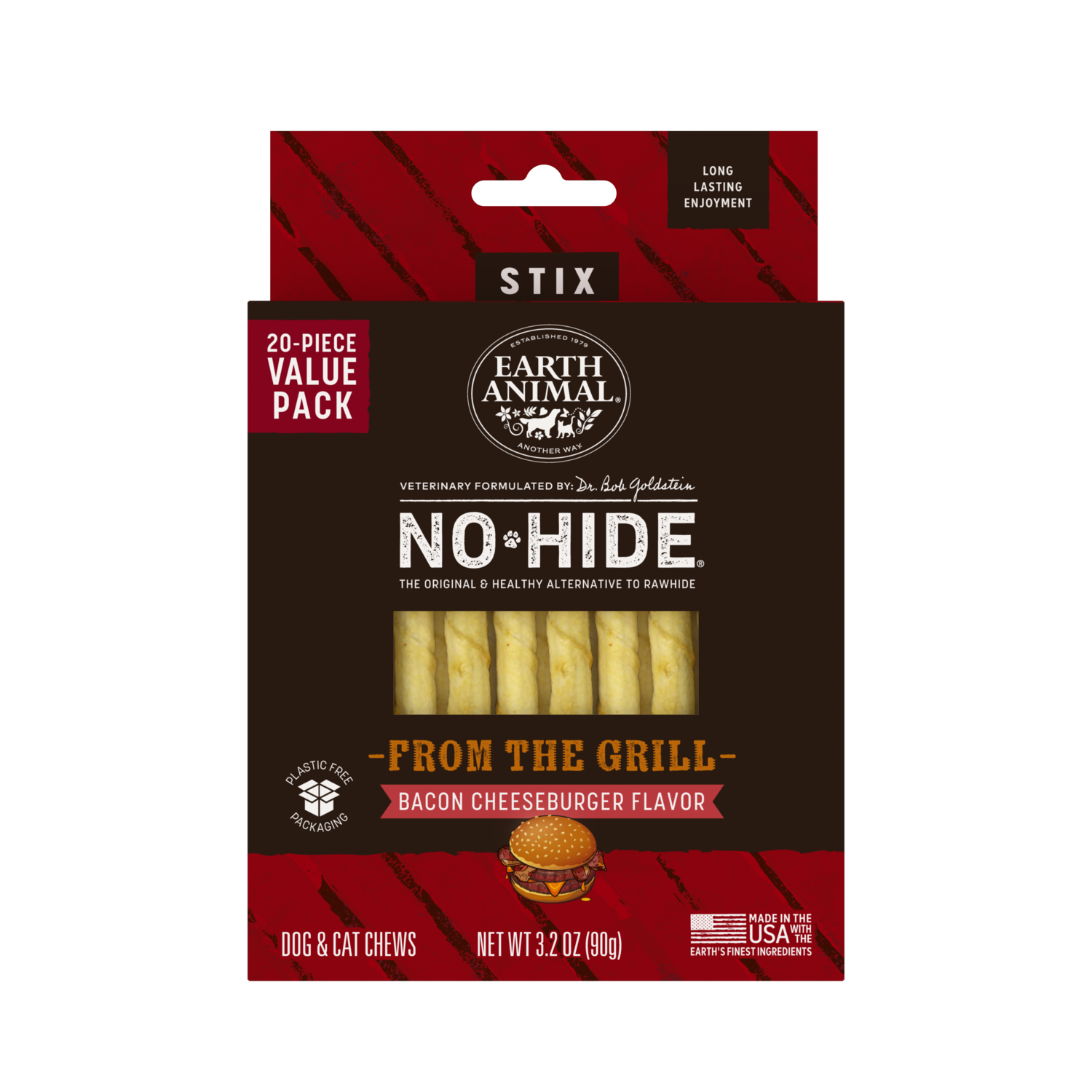 Earth Animal No-Hide Rawhide Alternative Chew Stix Cat & Dog Treats, From The Grill Bacon Cheeseburger Flavor, 20 Pack