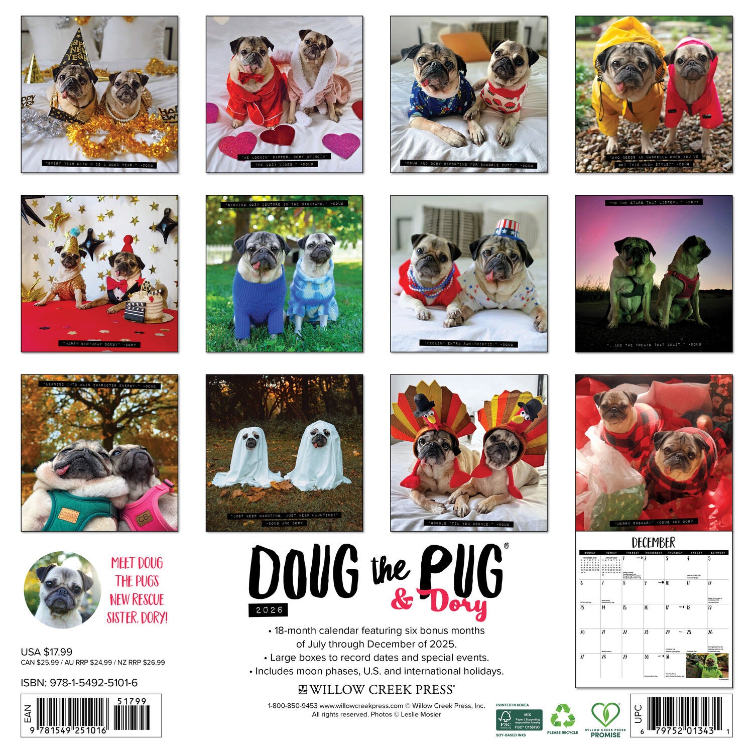 Willow Creek Press 2026 Doug The Pug Wall Calendar