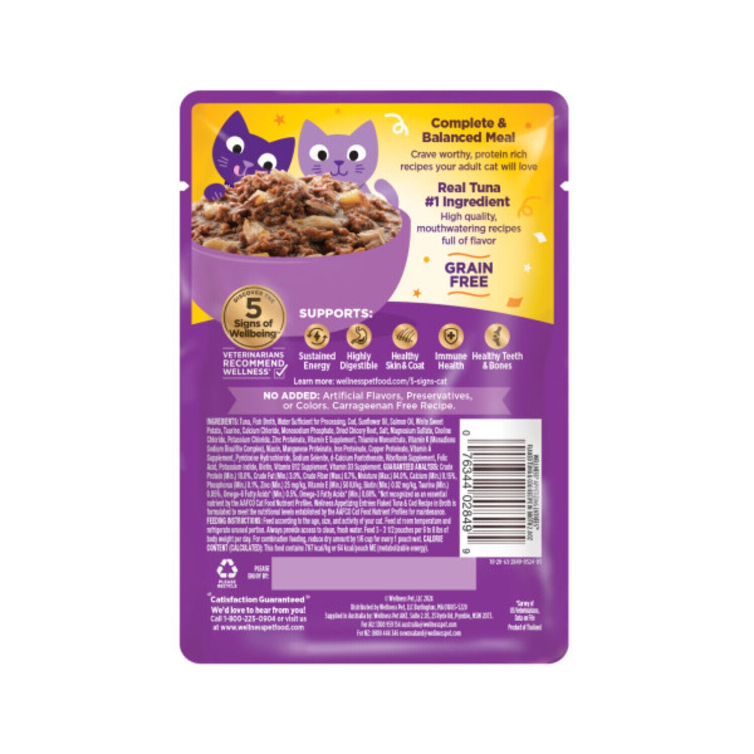Wellness Appetizing Entr&eacute;es Flaked Adult Wet Cat Food, Natural, Protein-Rich, Grain-Free, 2.8-Ounce Pouch, Tuna & Cod Recipe