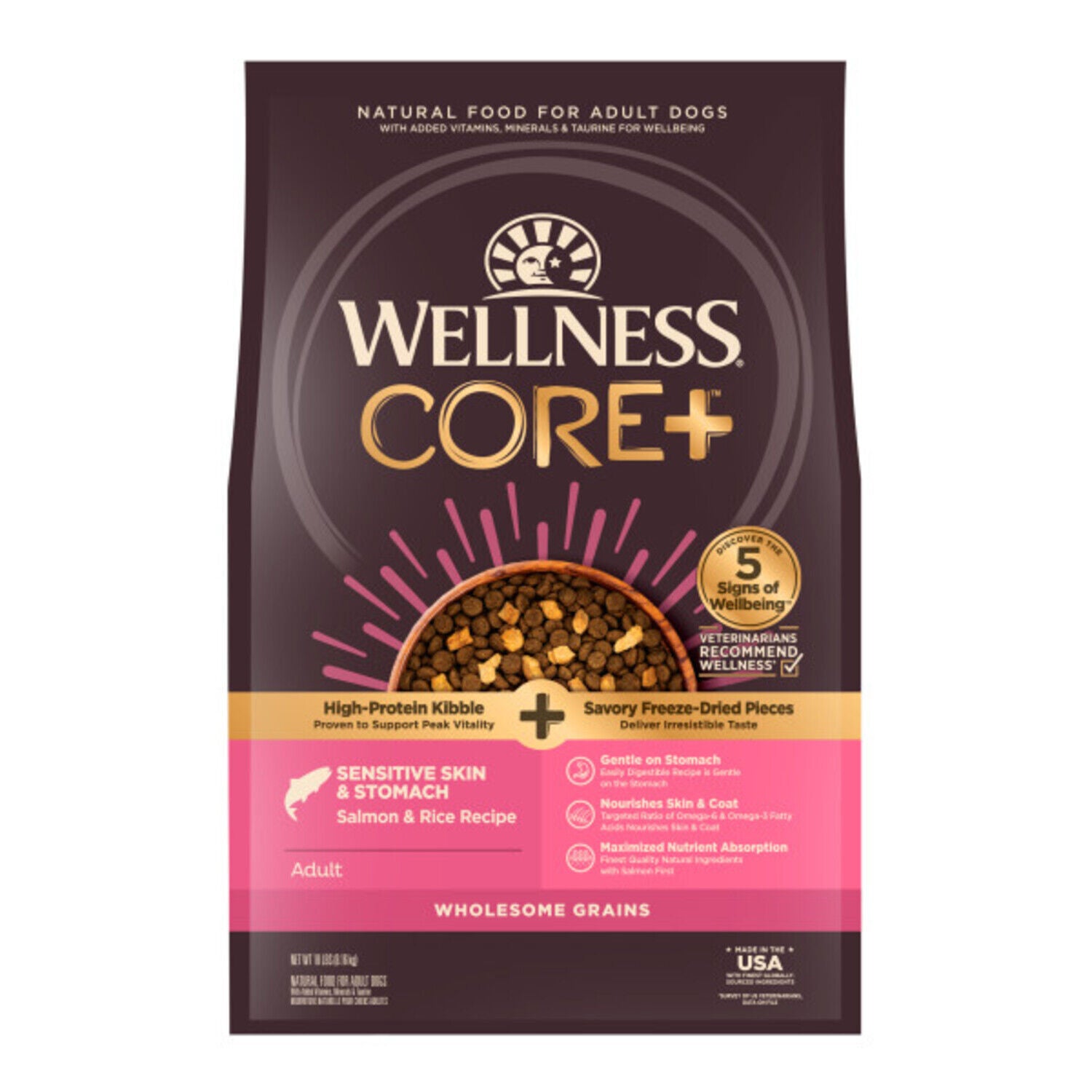 Wellness Core+ Sensitive Skin & Stomach Dry Dog Food With Freeze-Dried Pieces, Wholesome Grains, High Protein, Natural Salmon & Rice Recipe