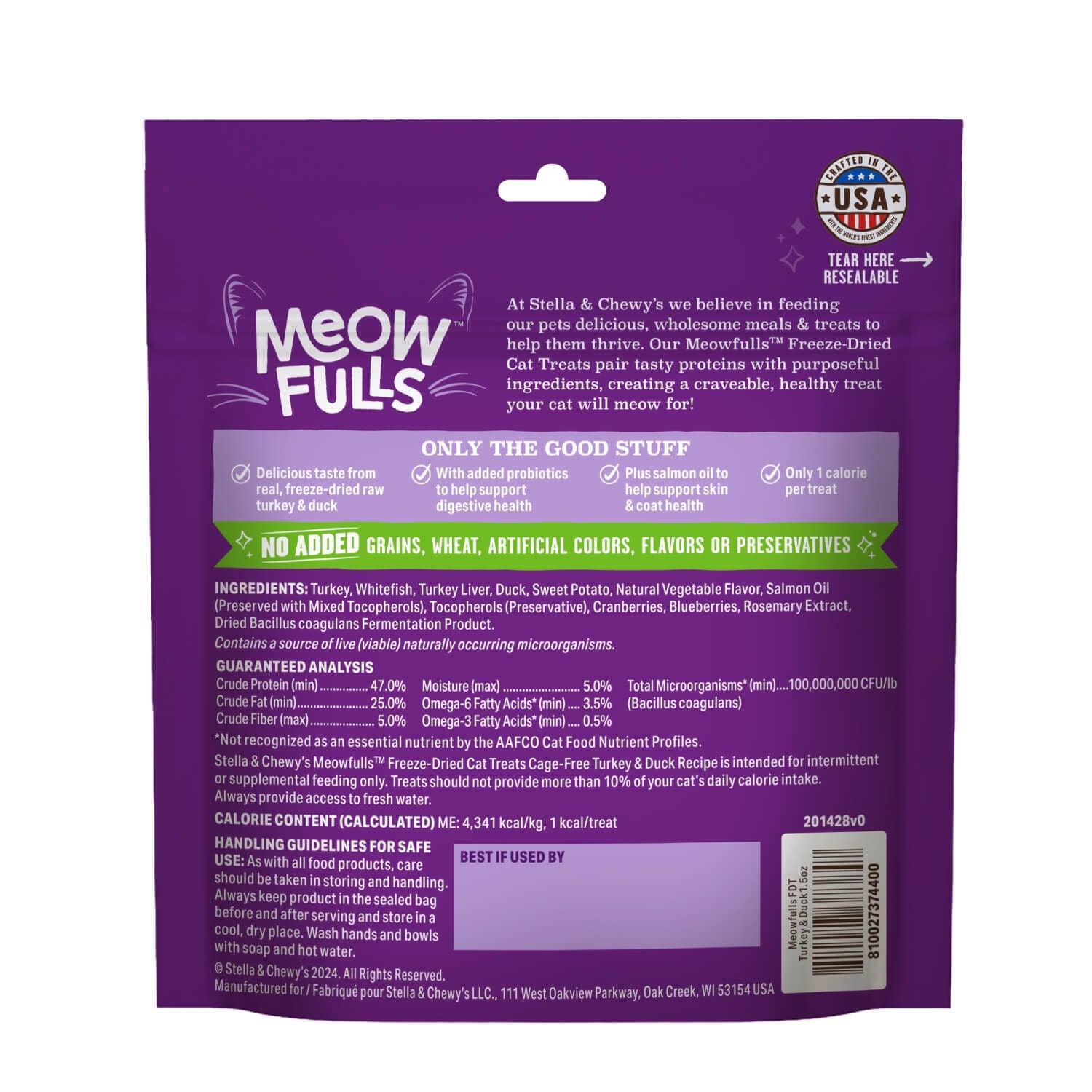 Stella & Chewy's Meowfulls Freeze Dried Cat Treats; Cage Free Turkey & Duck Recipe