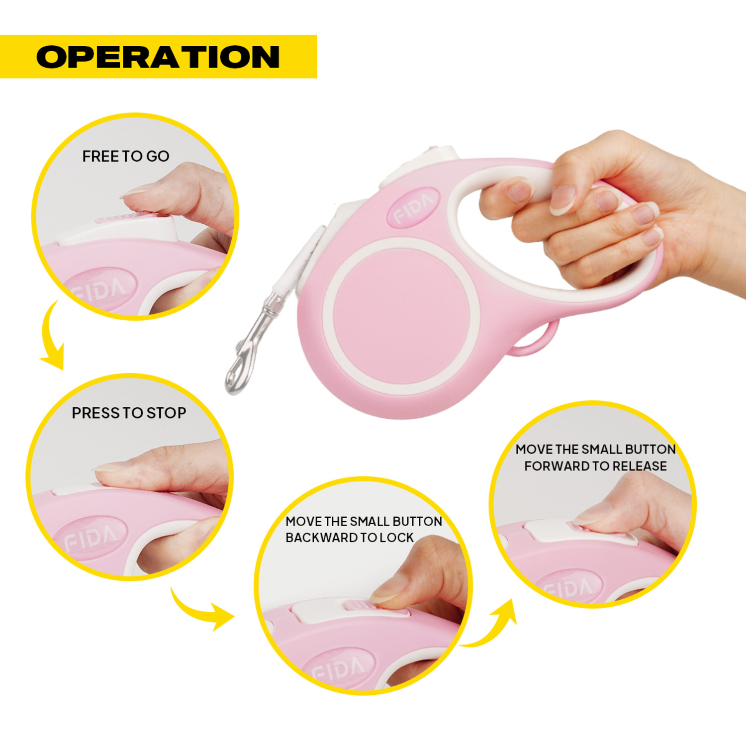 Fida Pet Comfort Series Retractable Dog Leash, Pink - Small