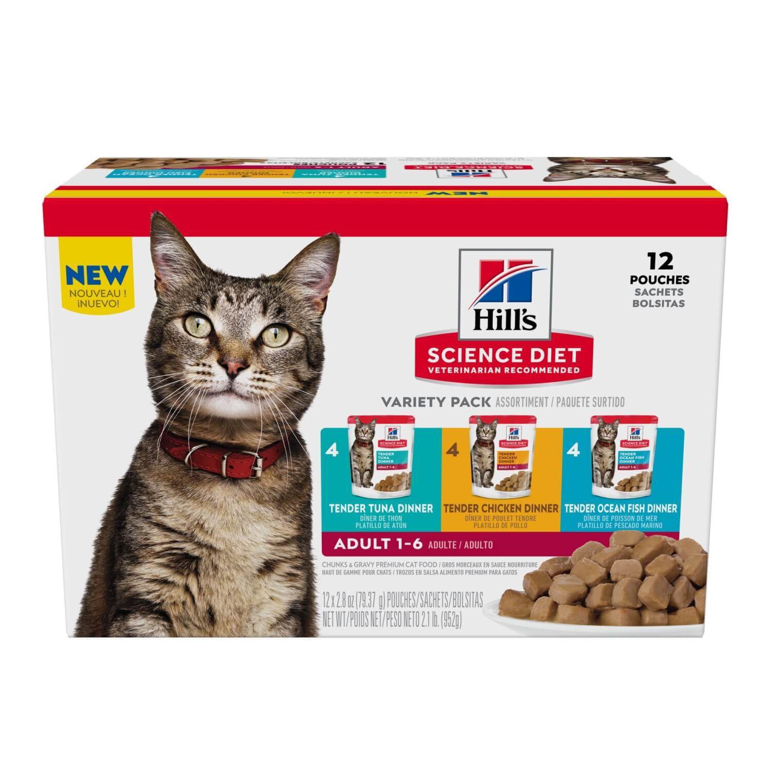 Hill's Science Diet Adult Chicken, Tuna, And Ocean Fish Cat Food Pouch Variety Pack, 12 X 2.8-Oz Pouches
