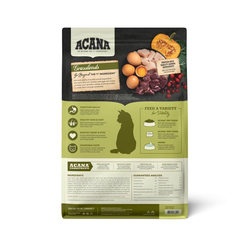 Acana® Grain Free Dry Cat Food, Grasslands, Chicken, Duck, Turkey, Fish, And Quail, 4lb image number 2