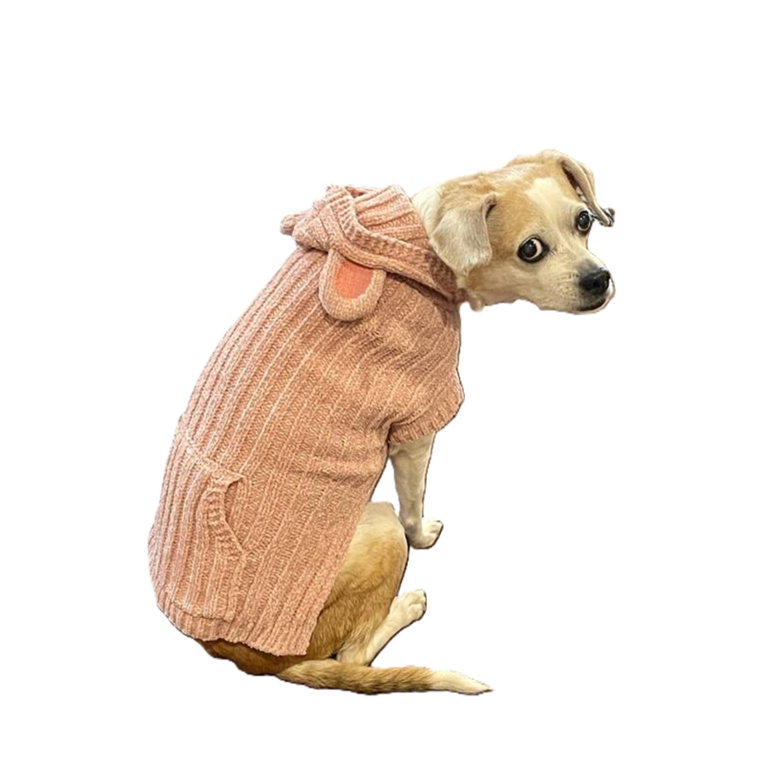 Fabdog Pink Teddy Bear Chenille Hooded Dog Sweater, Extra Small