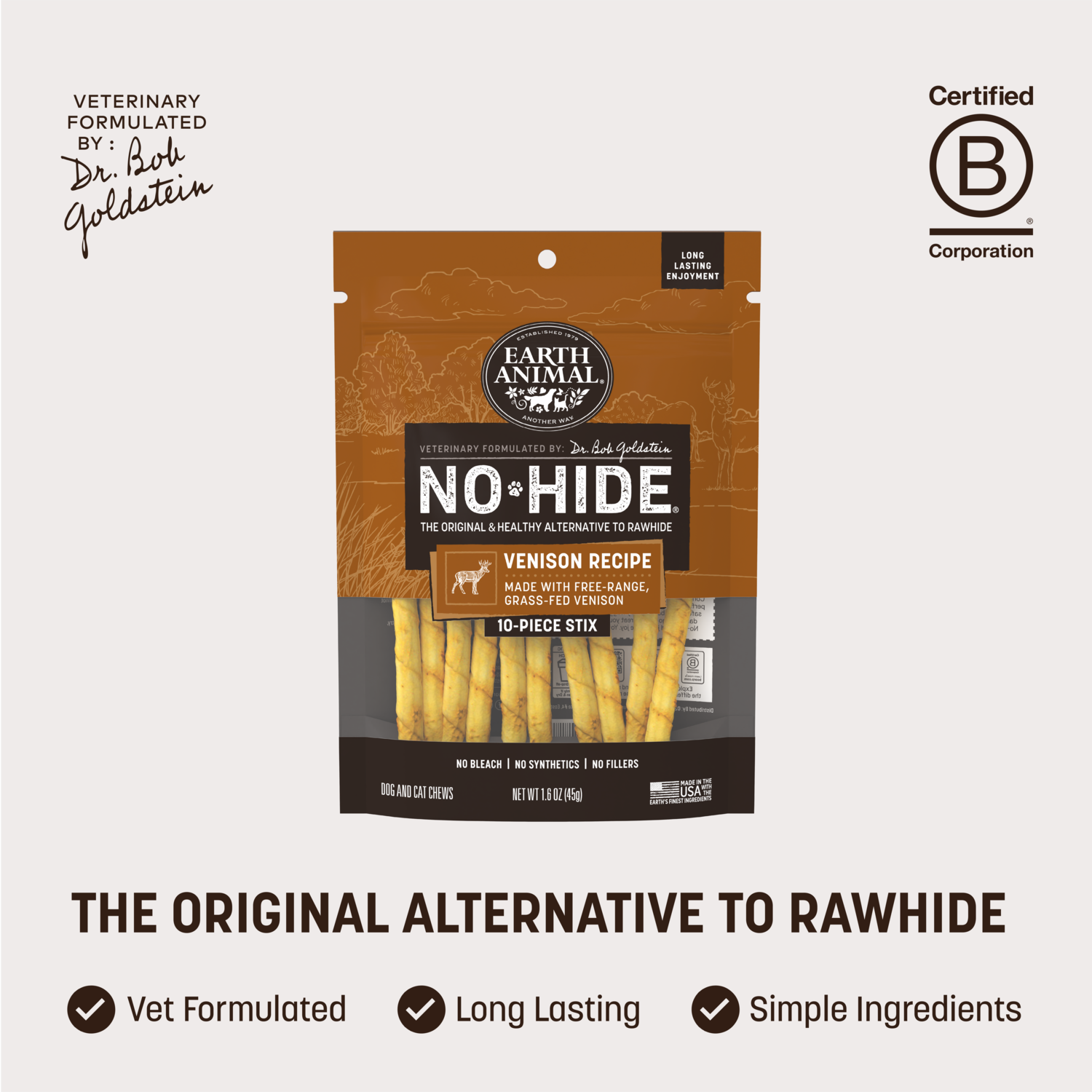 Earth Animal No-Hide Rawhide Alternative Stix Cat & Dog Treat, Venison Flavor, 10-Pack
