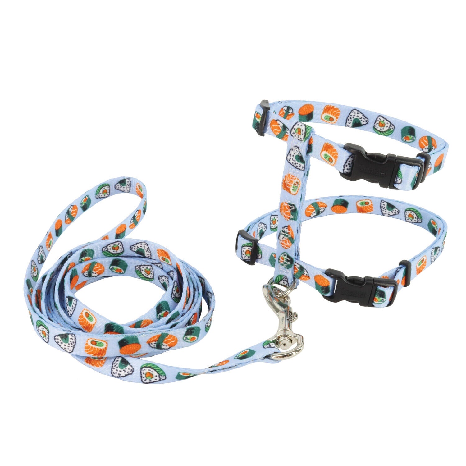 Coastal Figure "H" Fashion Adjustable Cat Harness And Leash Combo, Sushi On Blue, Small - 3/8" X 10"-18"