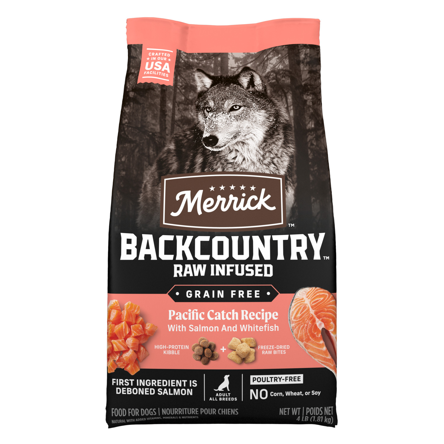 Merrick Backcountry Grain Free Dry Adult Dog Food, Kibble With Freeze Dried Raw Pieces, Pacific Catch With Salmon, 4.0-Lb Bag