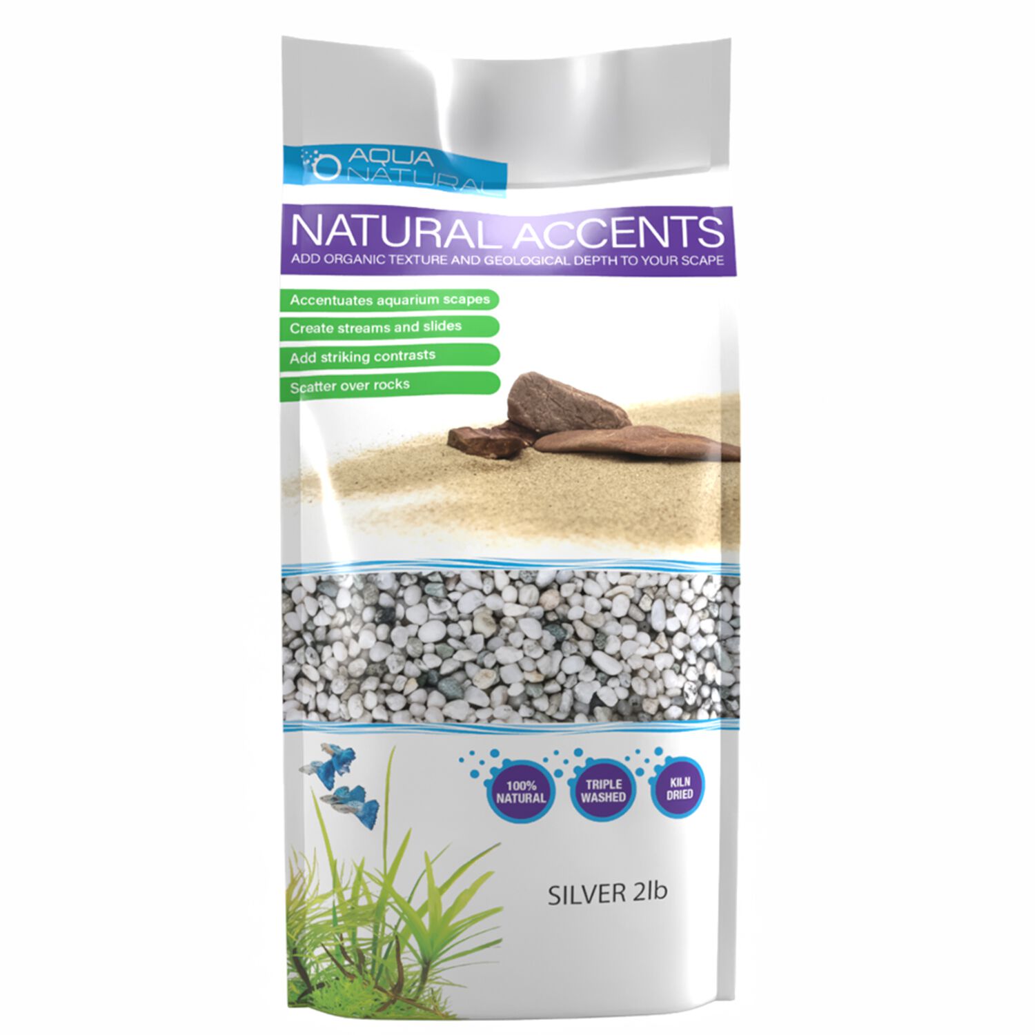 Aqua Natural Iwagumi Silver Accent Pebbles Fish Aquarium Substrate, 2-Lb Bag