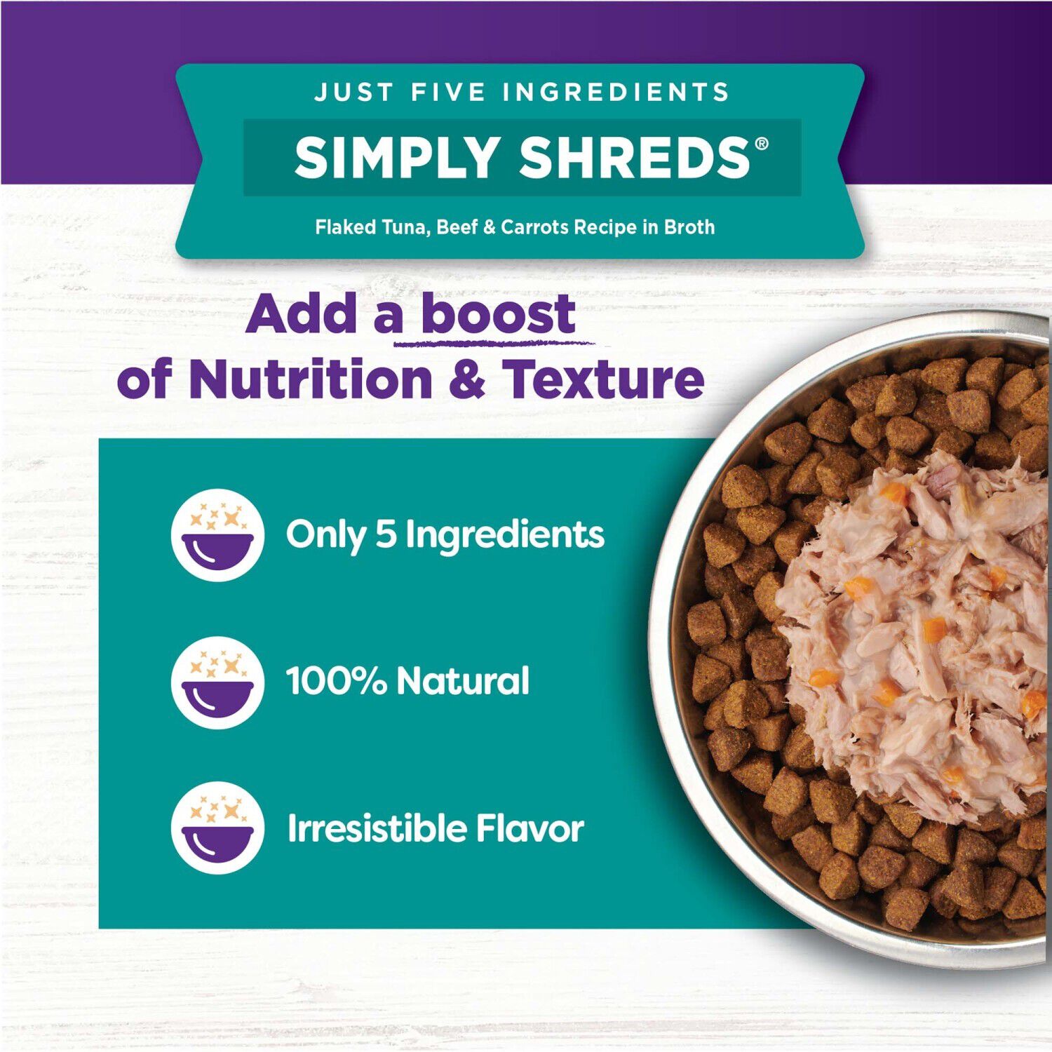 Wellness Bowl Boosters Simply Shreds Wet Dog Food Topper For Small, Medium, & Large Breeds, Grain Free, Natural, Tuna, Beef & Carrots, 2.8 Ounce Pouch
