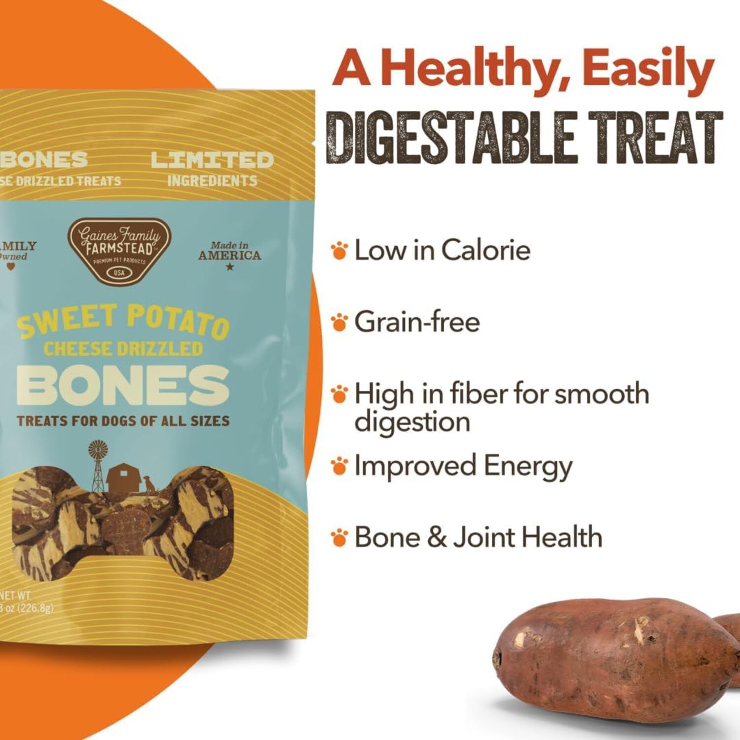 Gaines Family Farmstead Cheese Drizzled Sweet Potato Bones Dog Treats, 8-Oz Bag