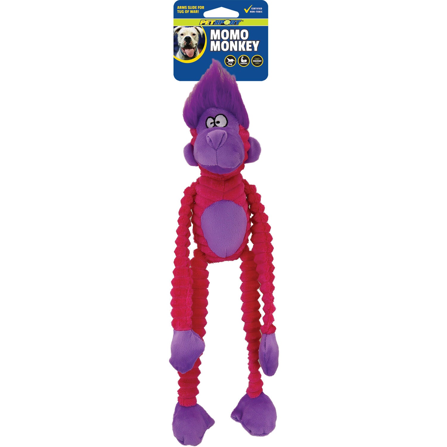 Petsport Momo Monkey Durable Plush Squeaky Dog Toy, 14", Assorted