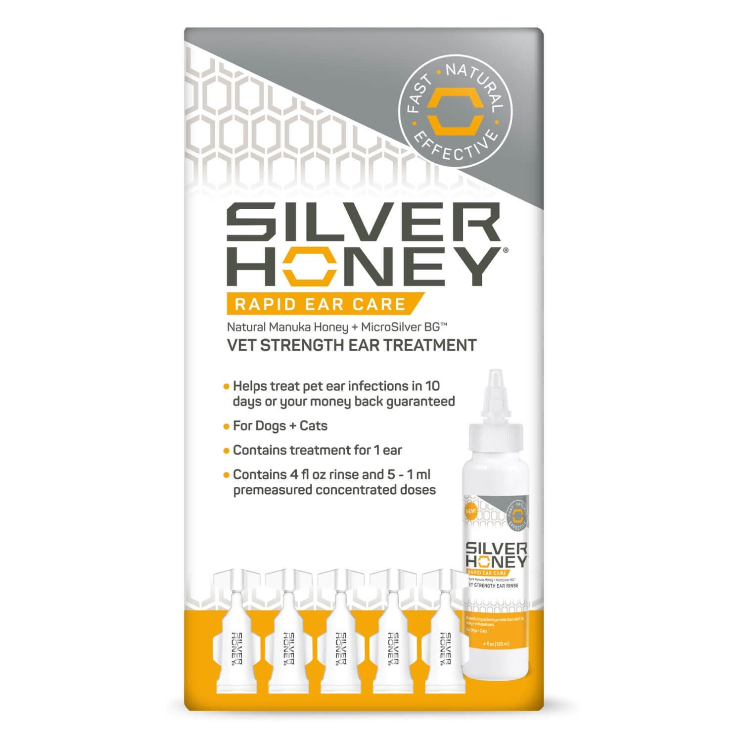 Silver Honey Rapid Ear Care Vet Strength Ear Treatment Rinse + Concentrated Doses For Dogs And Cats