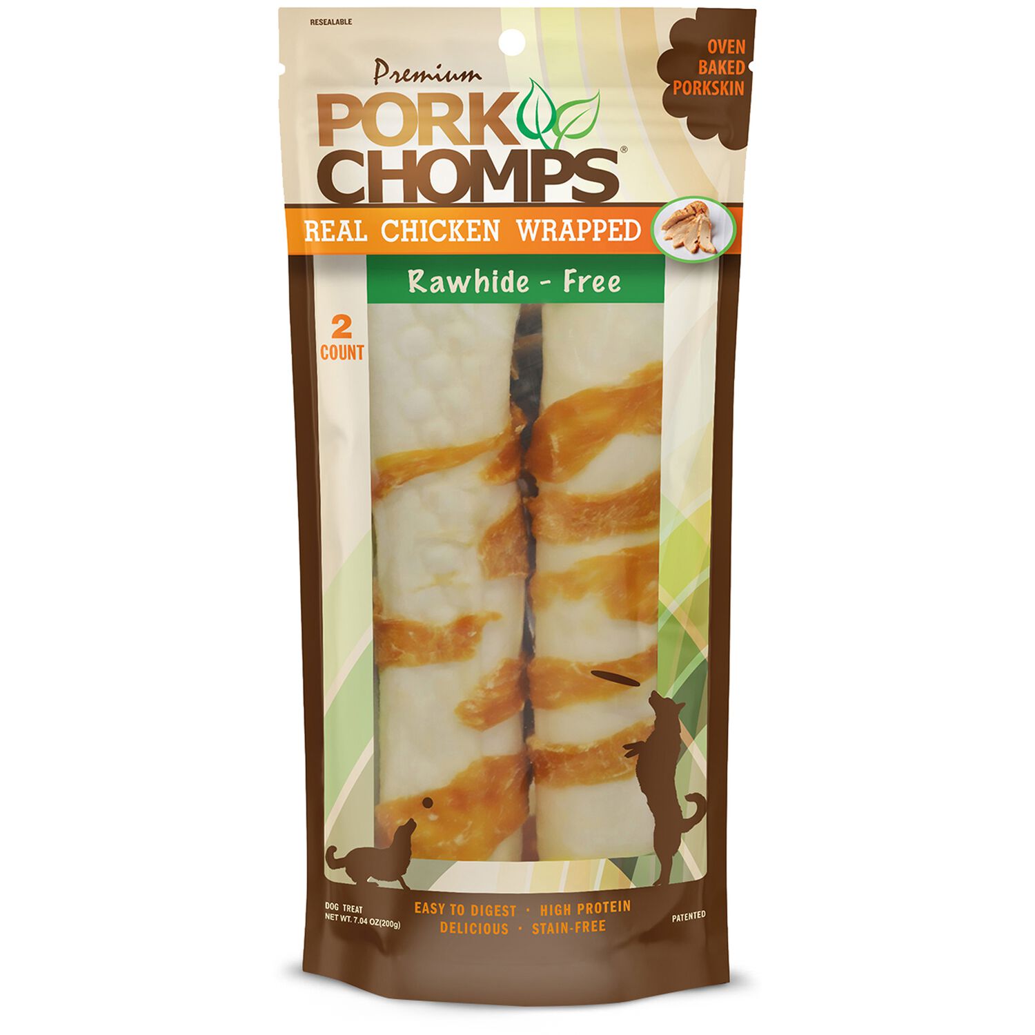 Pork Chomps Baked Pork Skin Chicken Wrapped Rolls Dog Treats, 8-Inch, 2-Pack
