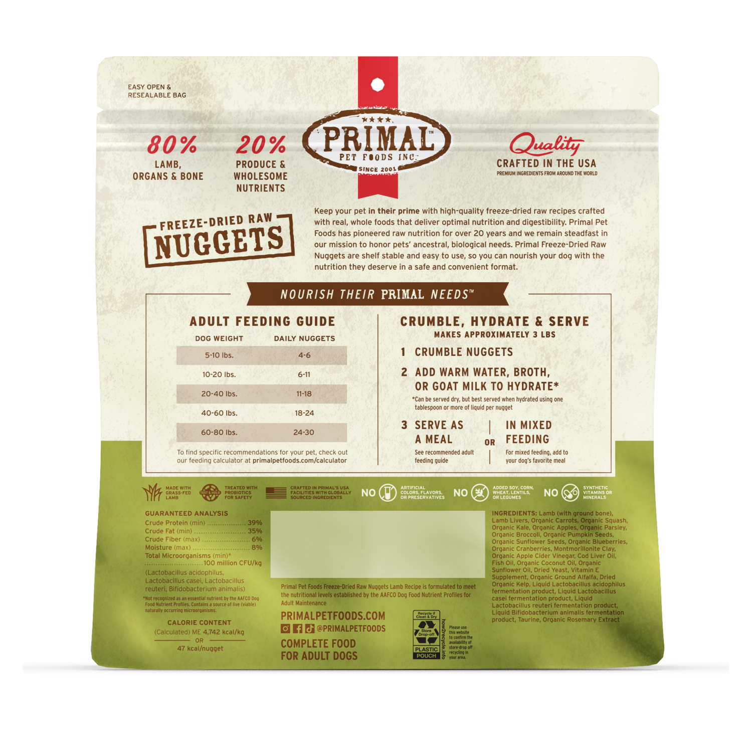 Primal Freeze-Dried Raw Nuggets Lamb Recipe Dog Food, 14-Oz