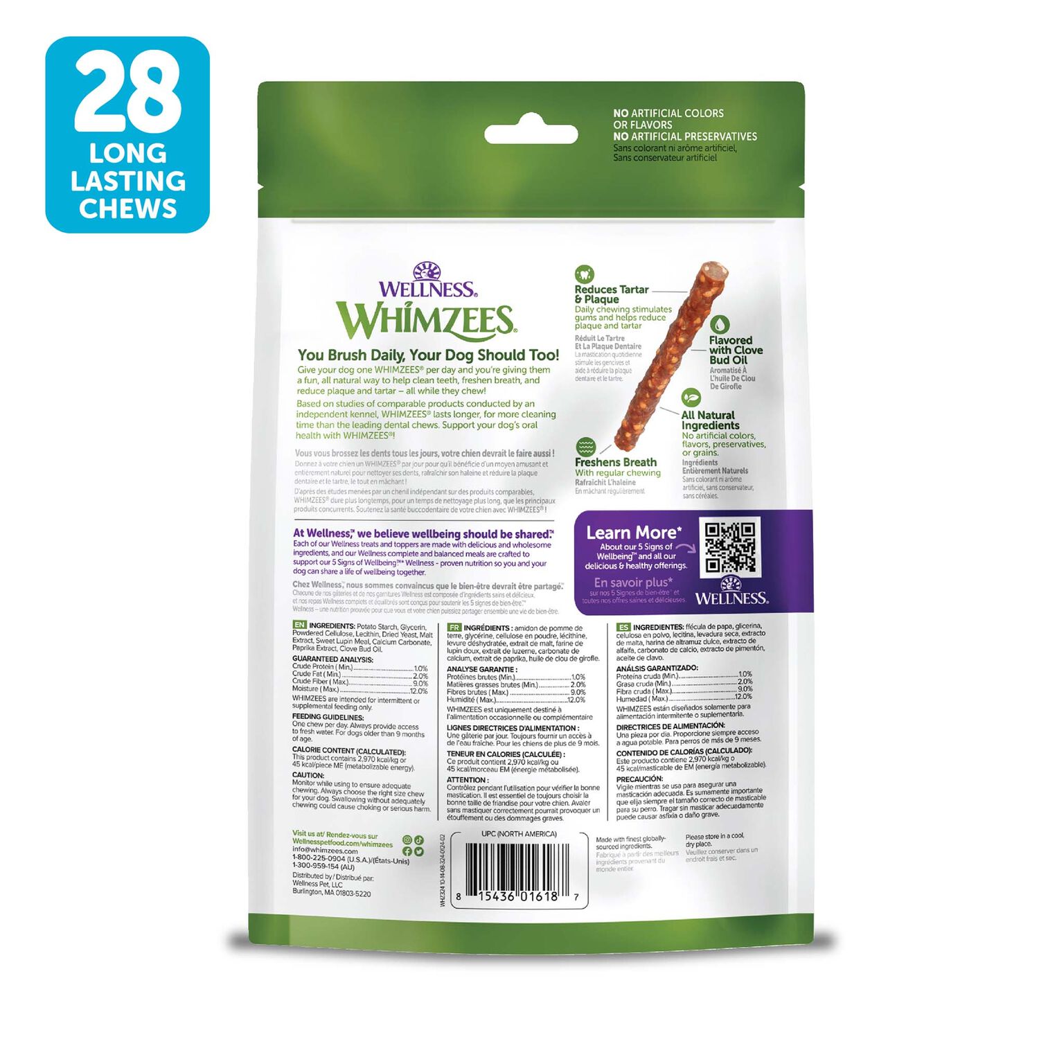 Whimzees Veggie Sausage Natural Grain-Free Dental Dog Treat, Small, 28 Count