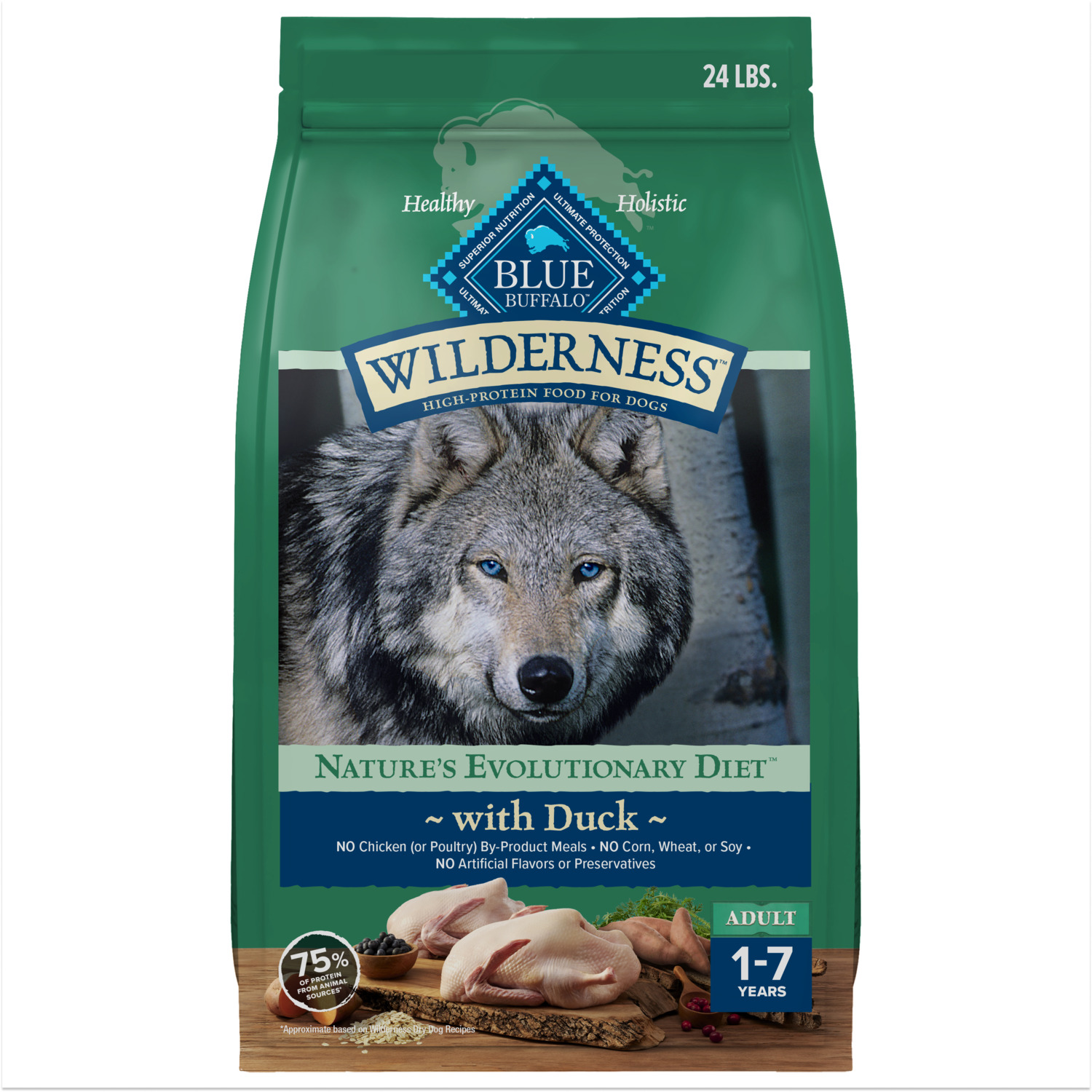Blue Buffalo Wilderness High Protein Natural Adult Dry Dog Food With Wholesome Grains, Duck, 24Lb