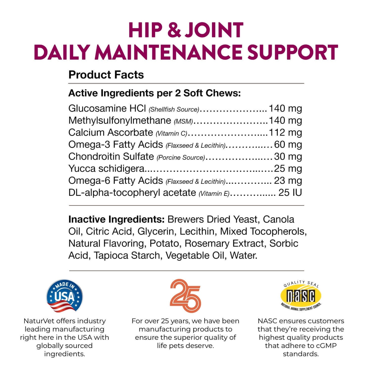 Naturvet Hip & Joint +Omegas Daily Maintenance Support Dog & Cat Soft Chews Supplements