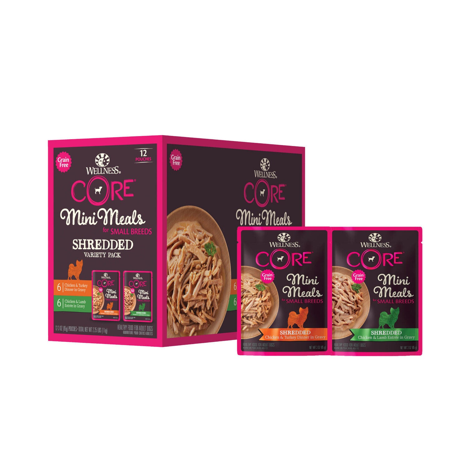 Wellness Core Natural Grain-Free Mini Meals Shredded Wet Dog Food, Variety Pack, 3-Oz Pack Of 12