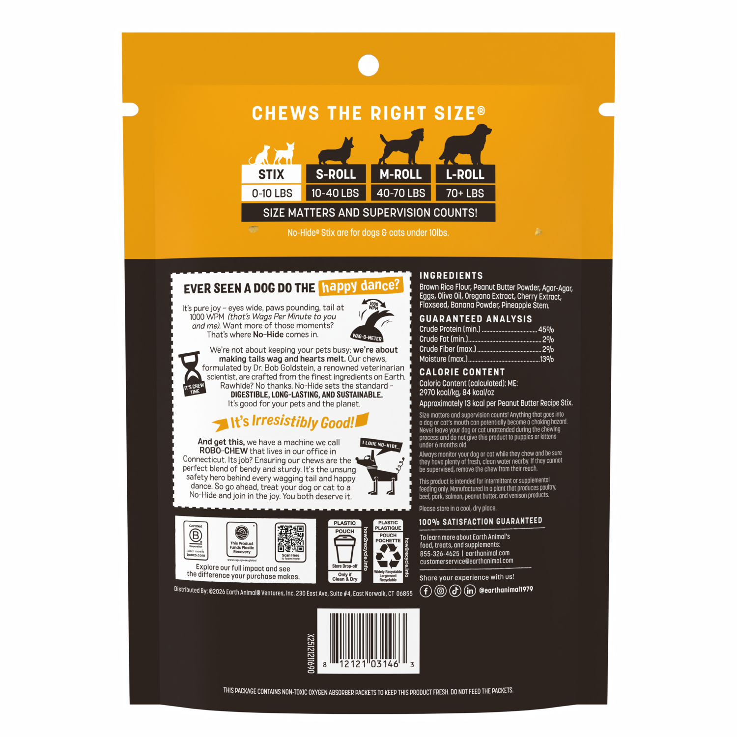 Earth Animal No-Hide Rawhide Alternative&nbsp;Peanut Butter Recipe Stix Dog & Cat Treats, 10 Pack