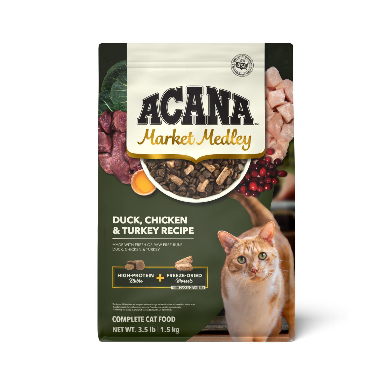 Acana Market Medley Dry Cat Food, Duck, Chicken & Turkey Recipe, High-Protein Kibble + Freeze-Dried Morsels, 3.5-Lb Bag