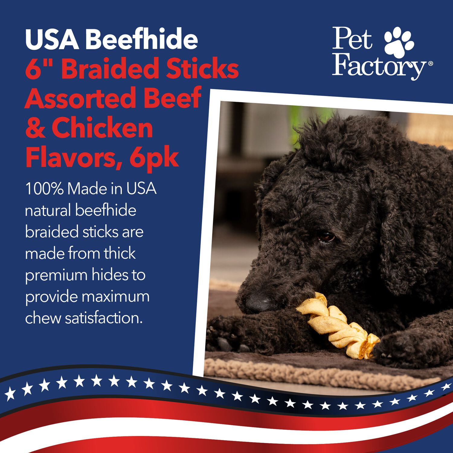 Pet Factory American Beefhide Braided Sticks Dog Treats, Beef & Chicken Variety Pack, 6" Pack Of 6
