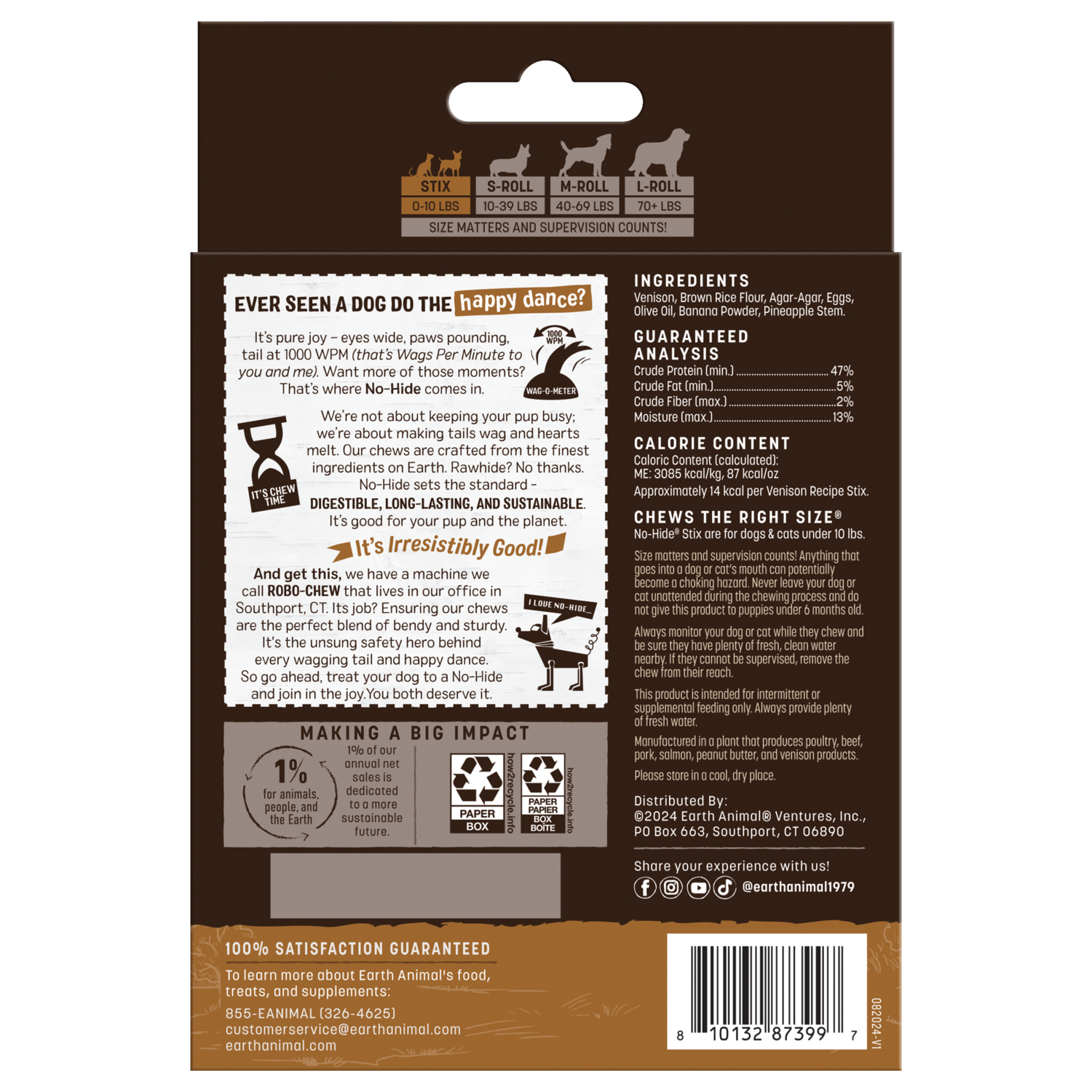 Earth Animal No-Hide Rawhide Alternative Stix Cat & Dog Treat, Venison Flavor, 10-Pack