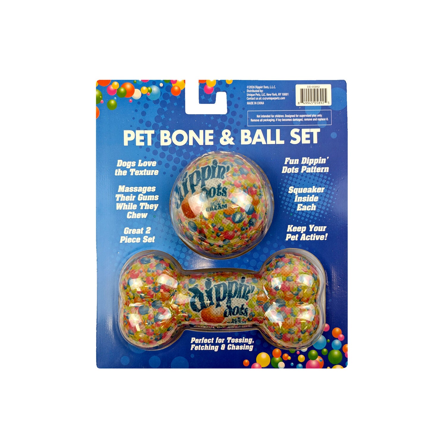 Dippin' Dots Durable Rubber Bone And Ball Chew Toy Set, 2-Piece