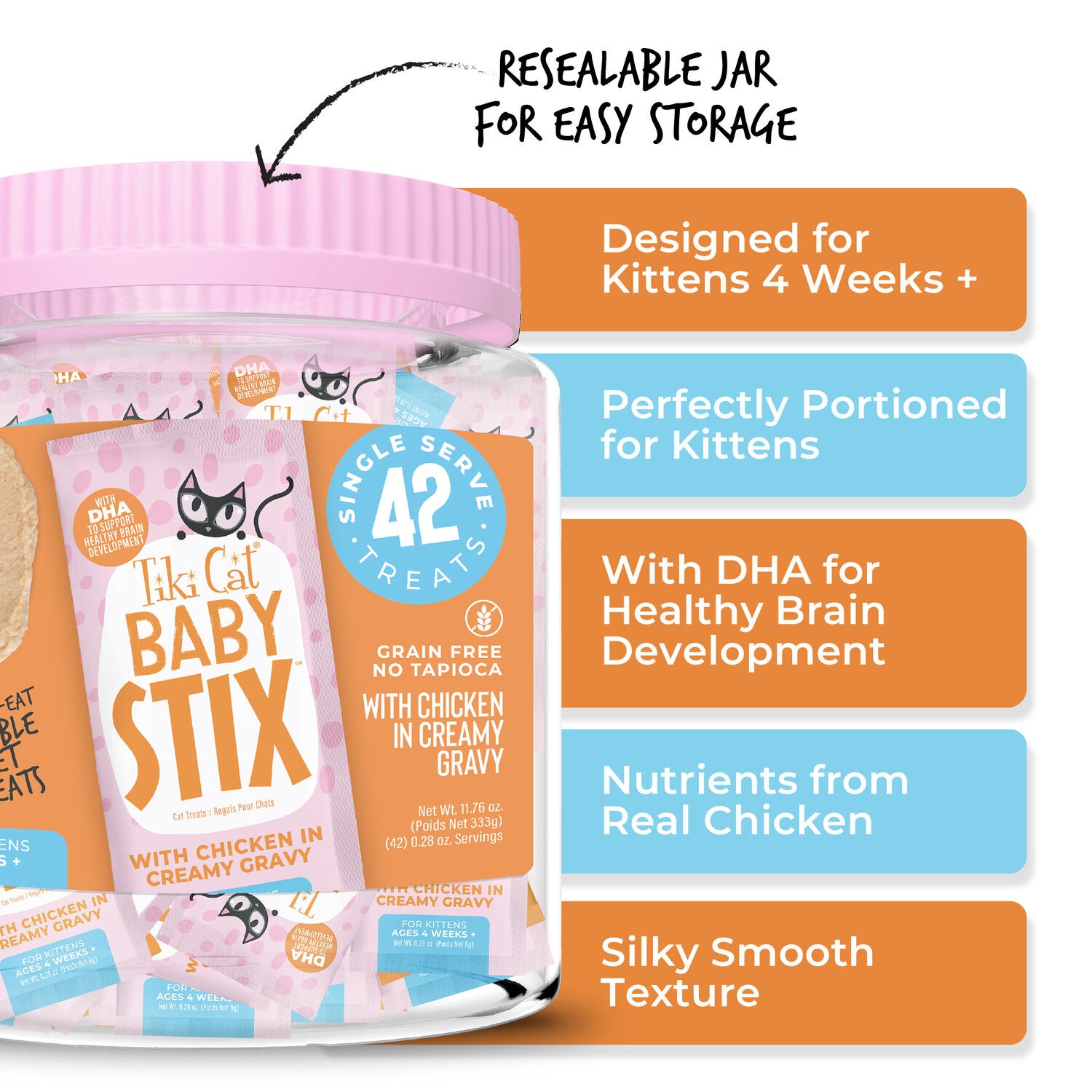 Tiki Cat Baby Stix Lickable Cat Treats, Chicken In Creamy Gravy, 42 0.28-Oz. Sachets Jar
