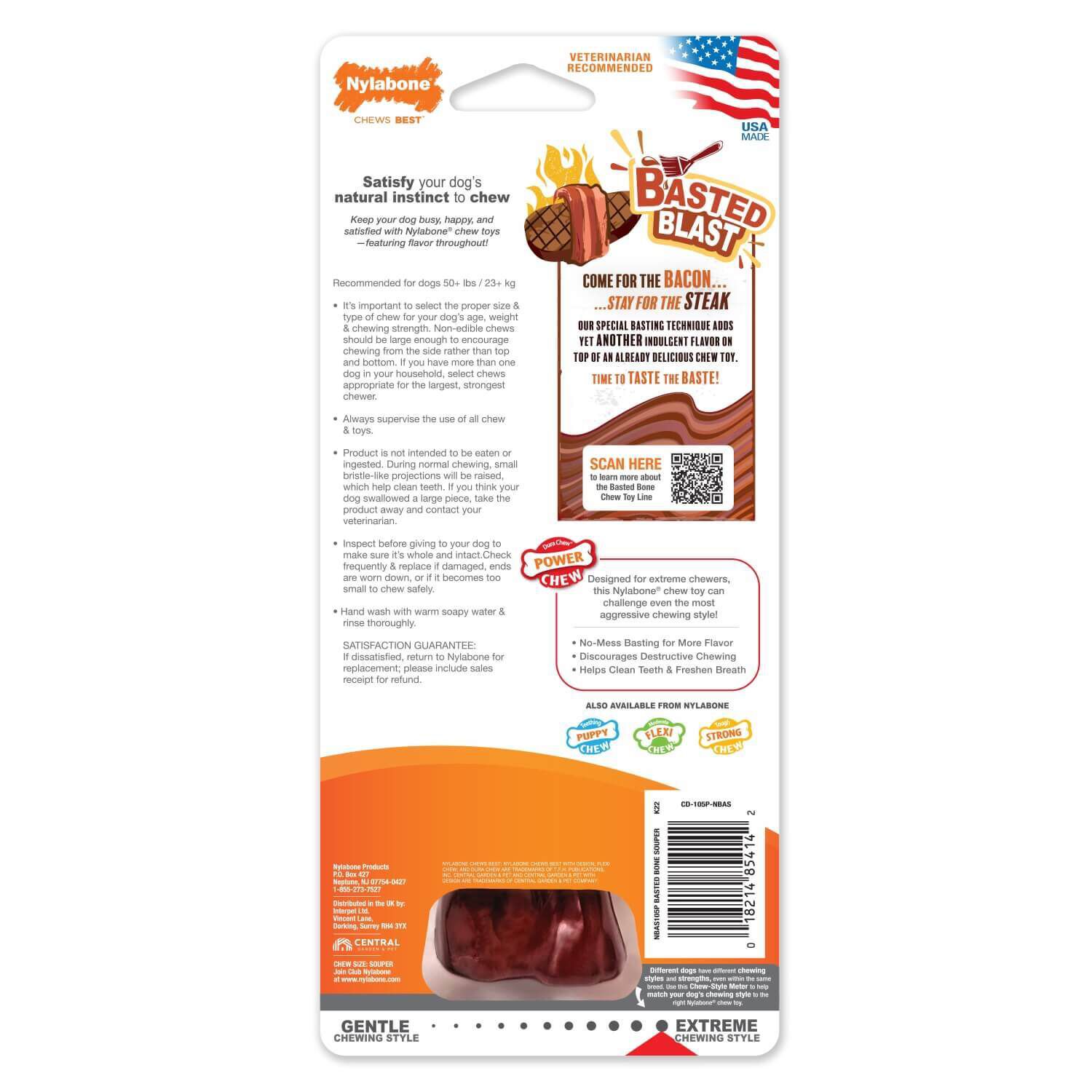 Nylabone Power Chew Basted Blast Dual Flavored Dog Chew Toy - Bacon & Steak Flavors