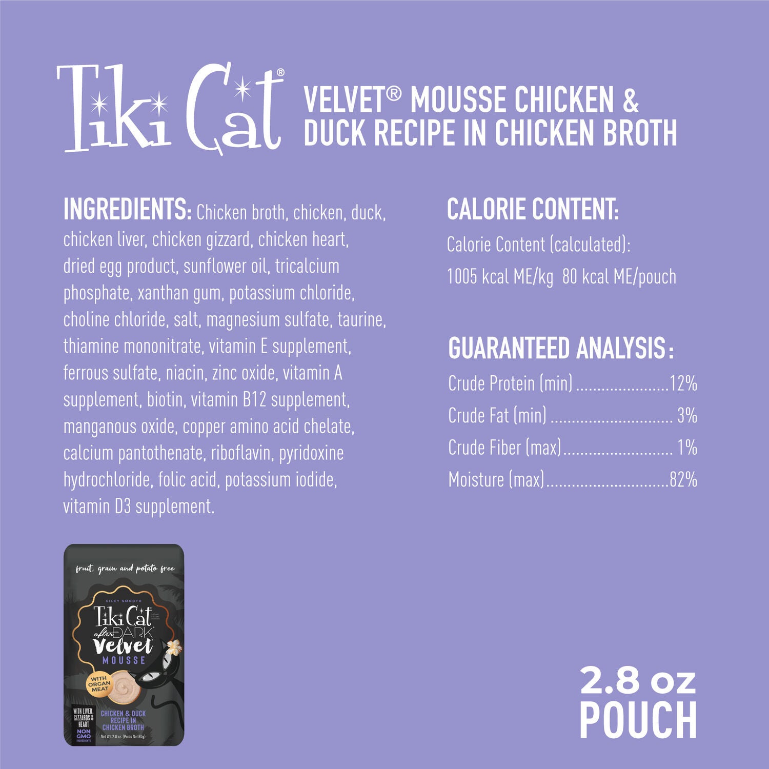Tiki Cat After Dark Velvet Mousse, Chicken & Duck, 2.8-Oz Pouch Pack Of 12