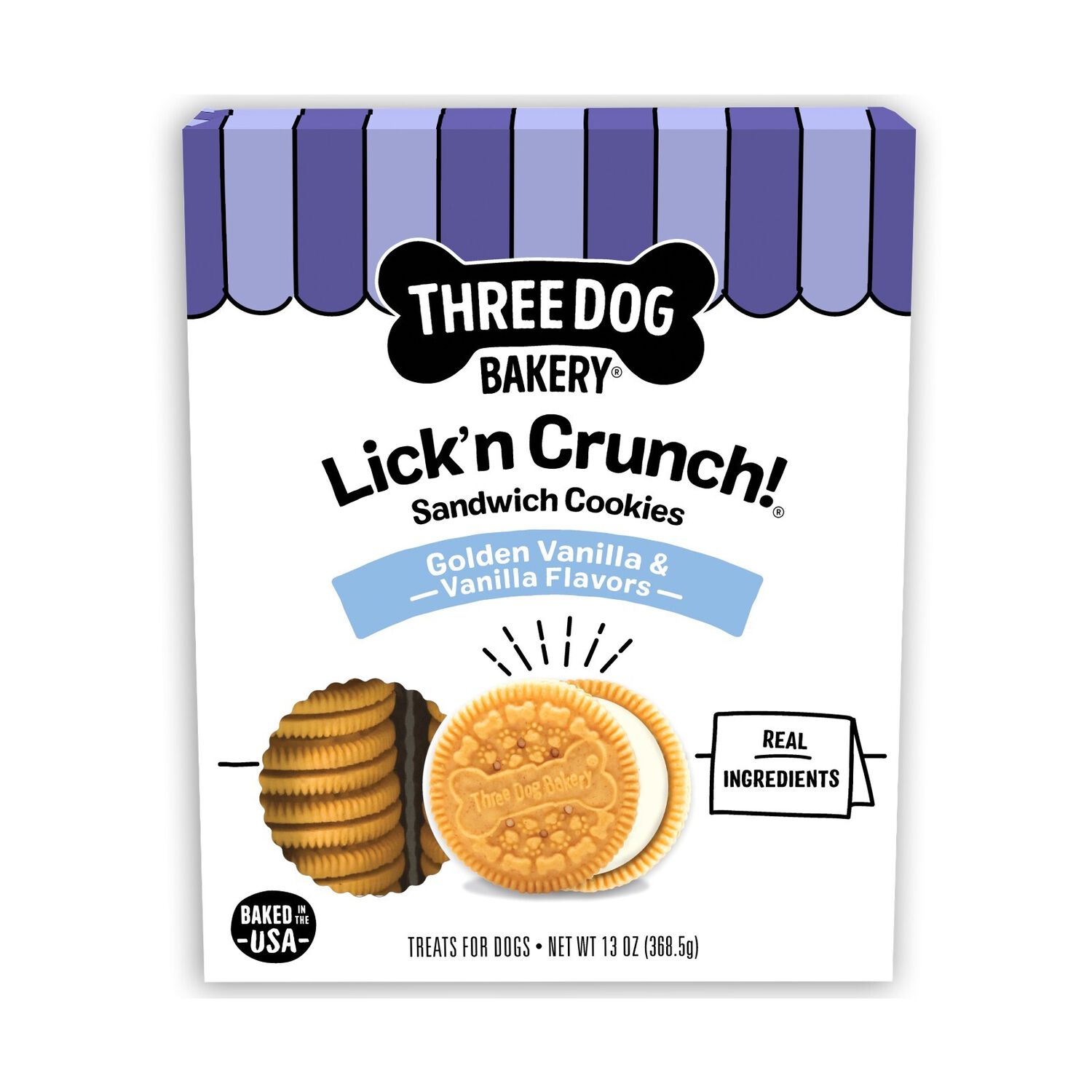 Three Dog Bakery Lick&rsquo;N Crunch Sandwich Cookies Golden & Vanilla Flavor Dog Treats, 13-Oz