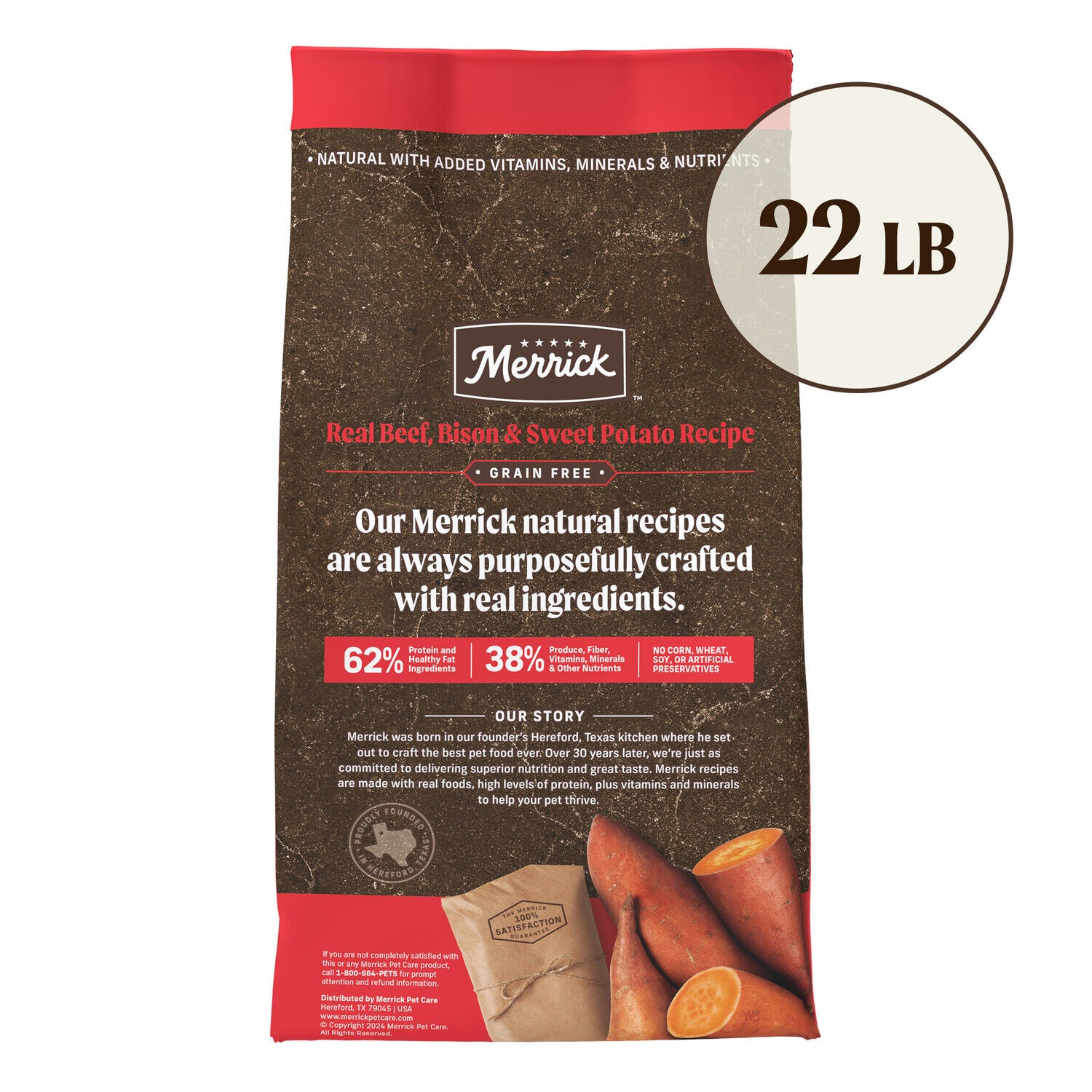 Merrick Premium Grain Free Adult Dry Dog Food, Wholesome And Natural Kibble With Beef, Bison And Sweet Potato - 22.0 Lb. Bag