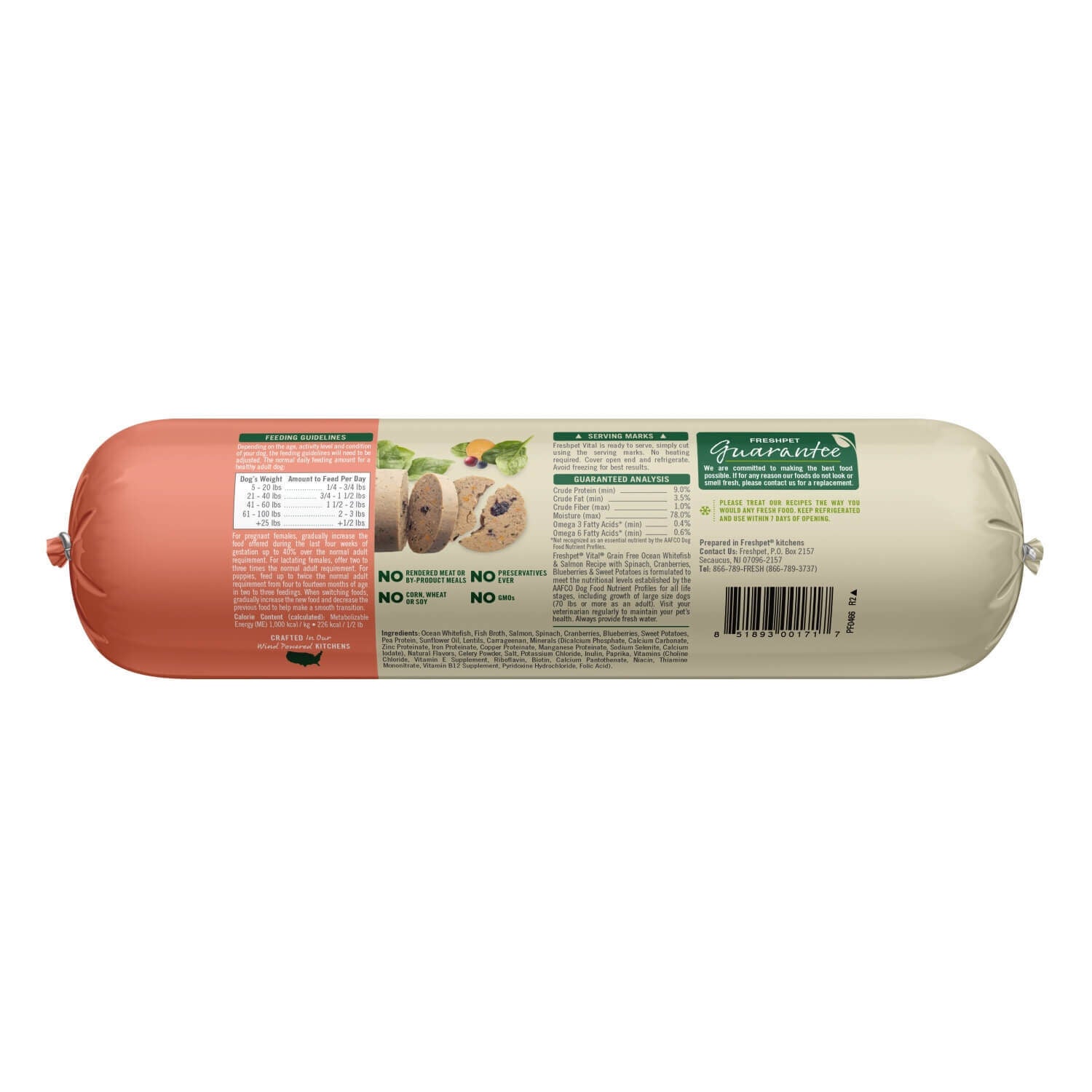 Freshpet Vital Grain Free Fresh Dog Food, Ocean Whitefish & Salmon Roll Recipe, 2-Lb Roll