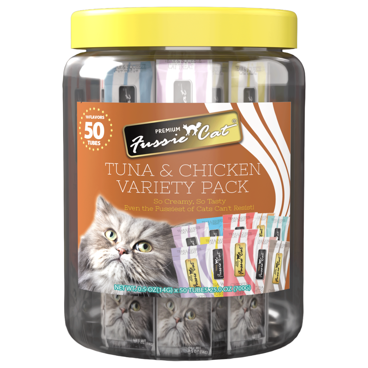 Fussie Cat Lickable Puree Cat Treats, Tuna & Chicken Variety Pack, 0.5-Oz, 50 Count