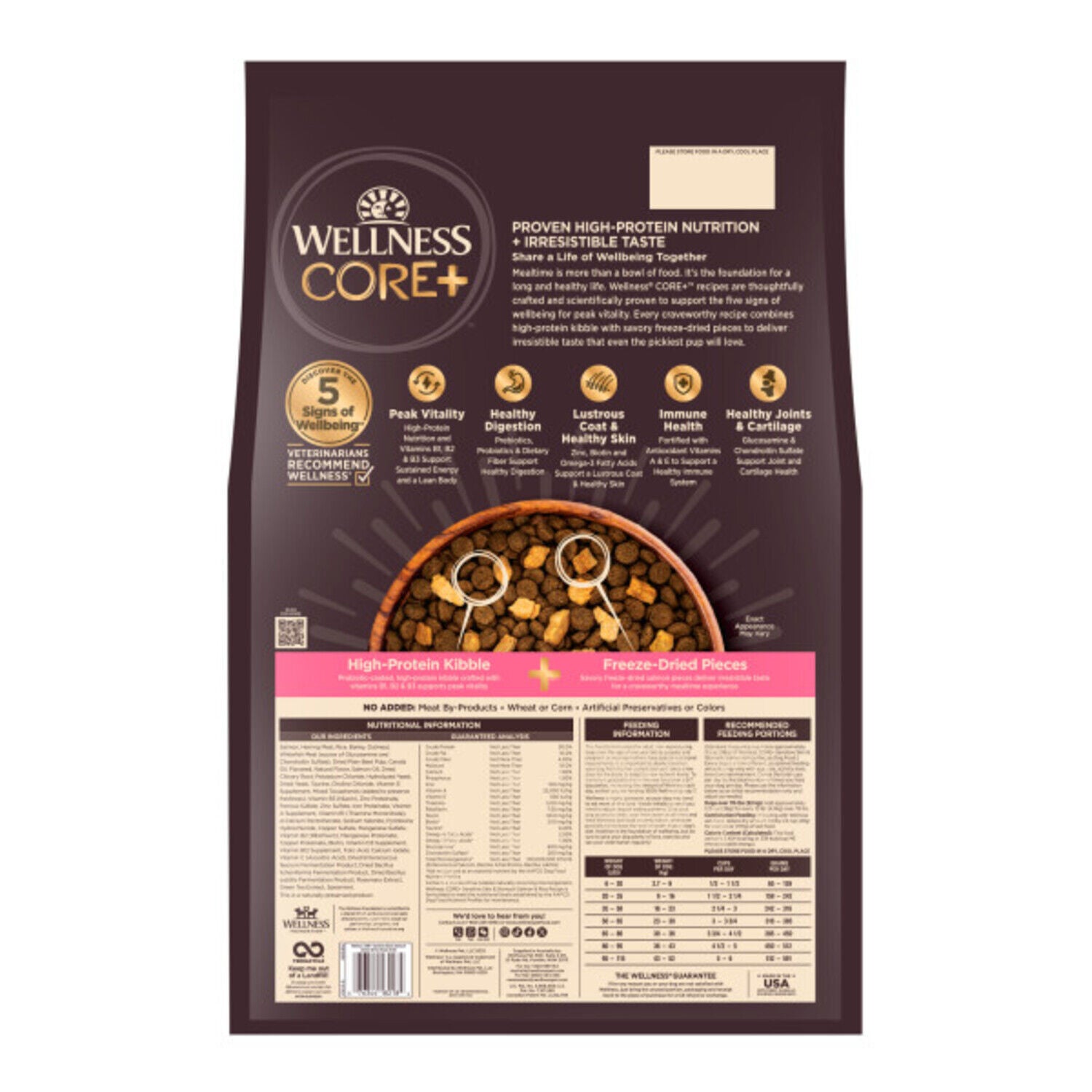 Wellness Core+ Sensitive Skin & Stomach Dry Dog Food With Freeze-Dried Pieces, Wholesome Grains, High Protein, Natural Salmon & Rice Recipe, 18-Lb