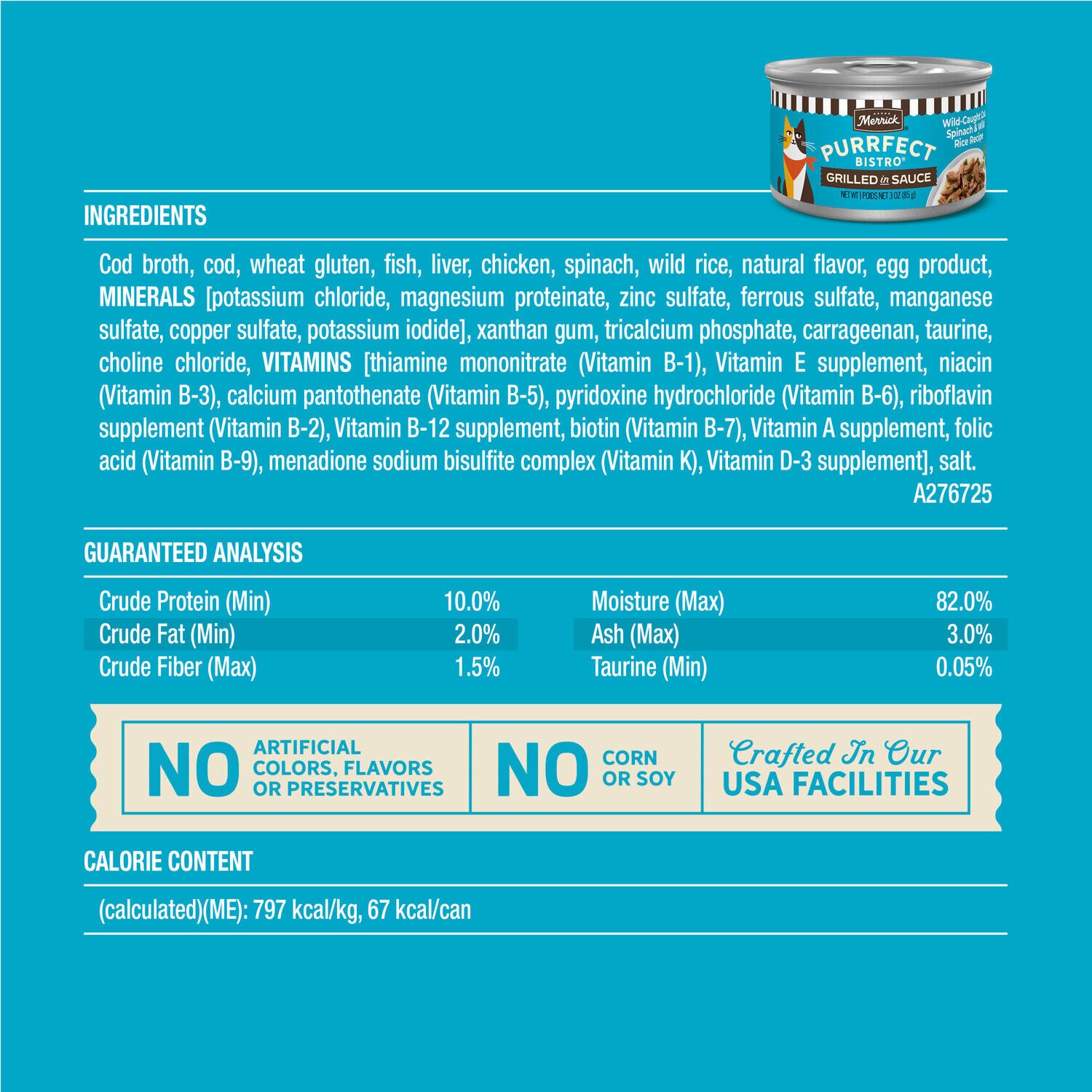 Merrick Purrfect Bistro Wild-Caught Cod, Spinach And Wild Rice Recipe Grilled Wet Adult Cat Food In Gravy, 3 Oz.