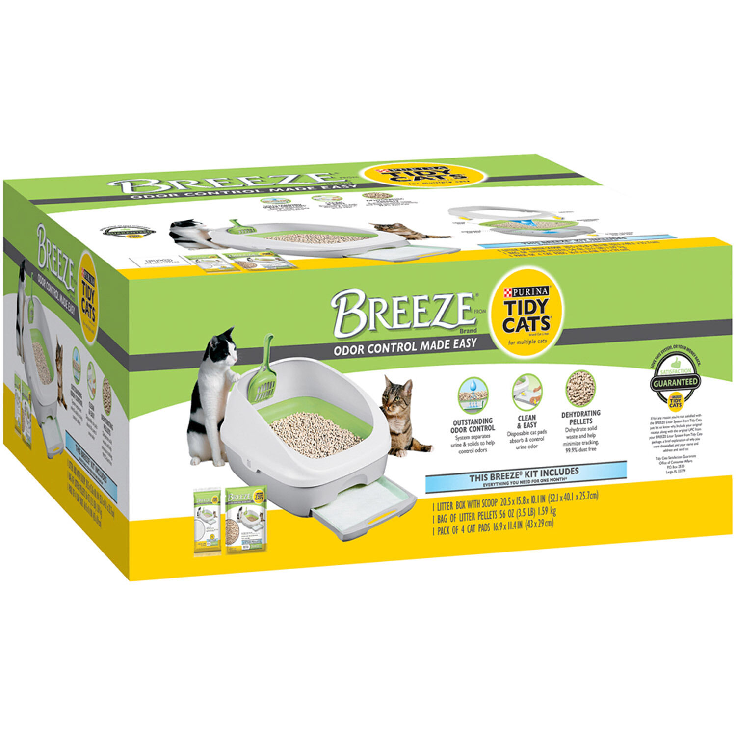 Tidy Cats Breeze Cat Litter System Starter Kit | 1 ea Change the way you think about cleaning your cat's litter box with the Purina Tidy Cats BREEZE Litter System starter kit. This system features powerful odor control to keep your house smelling fresh and clean, and the specially designed, cat-friendly litter pellets minimize your pets from tracking litter throughout your home. With the pass-through automatic litter box system, the pellets capture solid waste on top, letting urine pass through to the absorbent litter pads below. This easy-to-maintain system takes the guesswork out of changing litter while giving your cats a comfortable place to seek relief. A protective drawer holds the cat pads for litter box use securely in place, keeping them away from your cats while they use the BREEZE litter box. The Purina Tidy Cats BREEZE Litter System starter kit comes with everything you need to get your cats started on this convenient and odor-controlling all-in-one cat litter system. Simple Setup and Maintenance 1. Snap the sidewall onto the grated base. 2. Place a cat pad (soft side up) in the BREEZE litter system drawer and side into the base 3. Fill the top portion of the box with one package of litter pellets. 4. Scoop out solid waste and dispose of daily. Expert Tips Be patient. BREEZE Litter System is very different from traditional litter boxes, and some cats may take longer than others to make the switch. Don't force your cats into the BREEZE box as this could frighten them. Let them explore on their own. It's important they make the choice to use it. Set up BREEZE right beside their previous box. Putting it in the same location helps minimize the change your cats are experiencing. Give your cats space. Let them explore the new box on their own. Even cats prefer a little privacy when they are doing their business! Animal behaviorists recommend multiple cat households have multiple litter boxes: one system per cat, plus one additional system (2 cats = 3 litter systems). Note: Pellets do not clump. 5. Add more pellet
