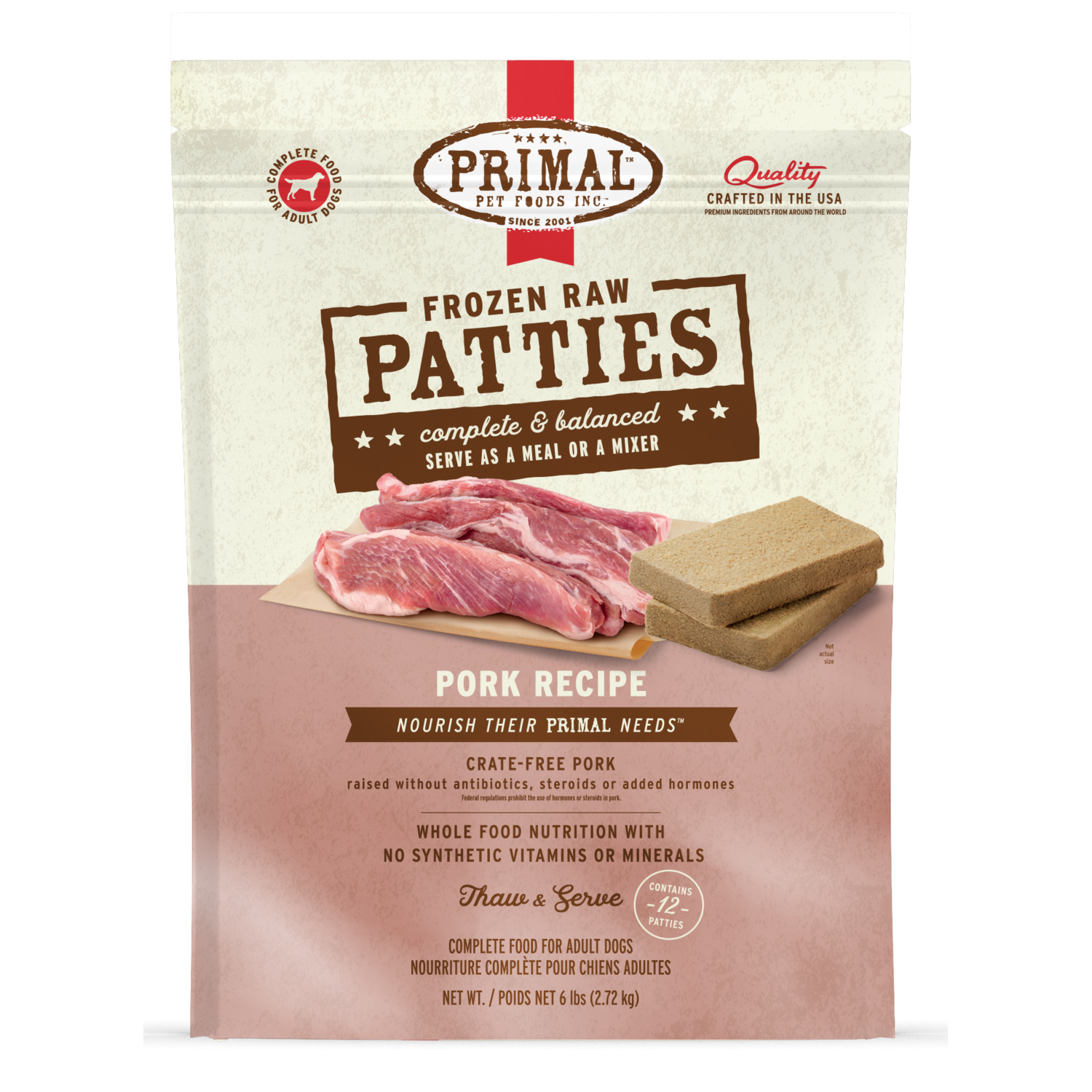 Primal Raw Patties Frozen Dog Food, Pork Recipe - 6Lb